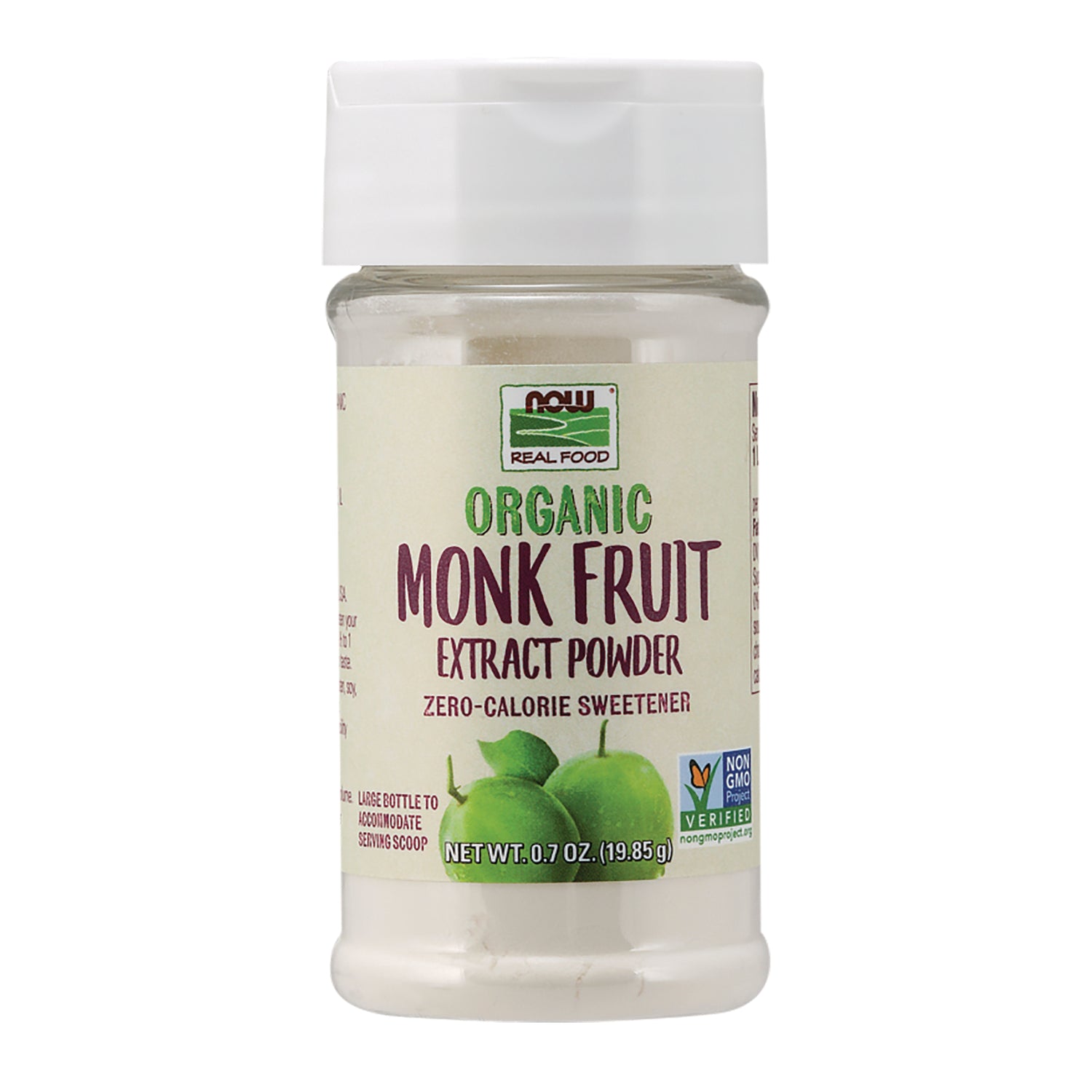 NWF1383 | NOW Real Food organic monk fruit extract powder jar, zero-calorie sweetener, 0.7 oz