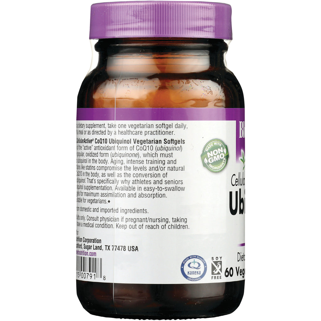BLU064 | Bottle side label showing Ubiquinol vegetarian softgels description, usage directions, and Non GMO seal - Thumbnail