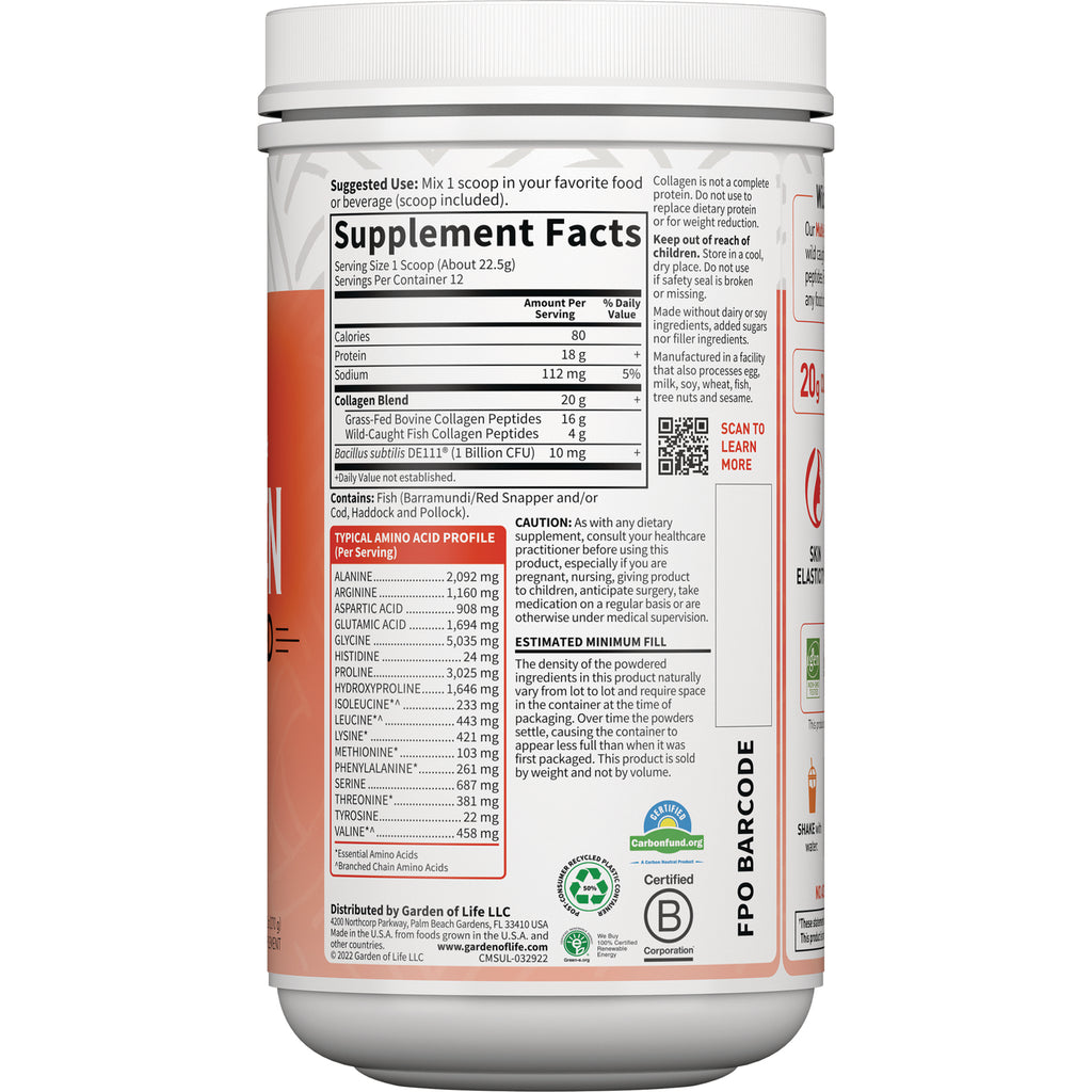 GLF351 | Back of supplement container showing Supplement Facts panel, typical amino acid profile and barcode - Thumbnail