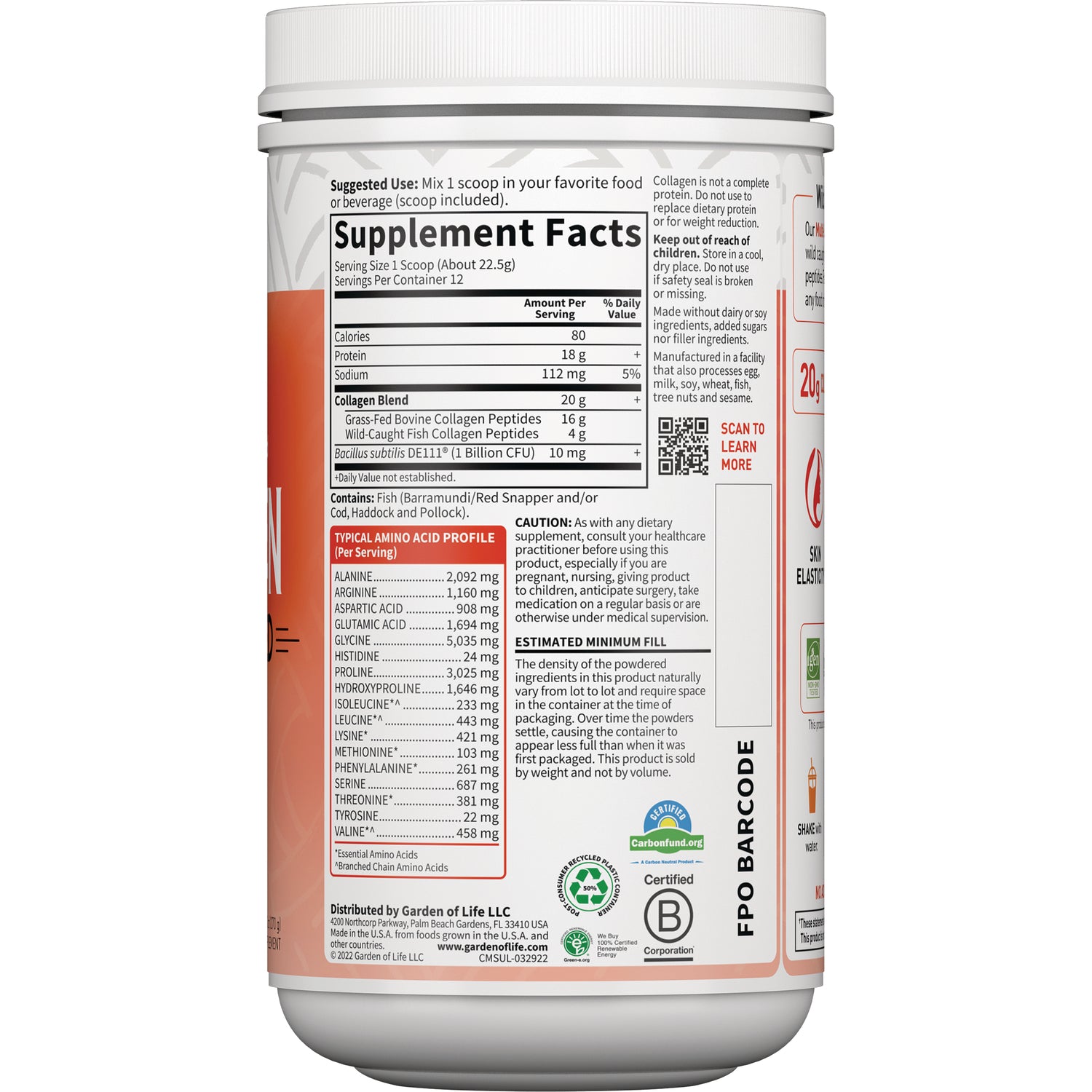 GLF351 | Back of supplement container showing Supplement Facts panel, typical amino acid profile and barcode