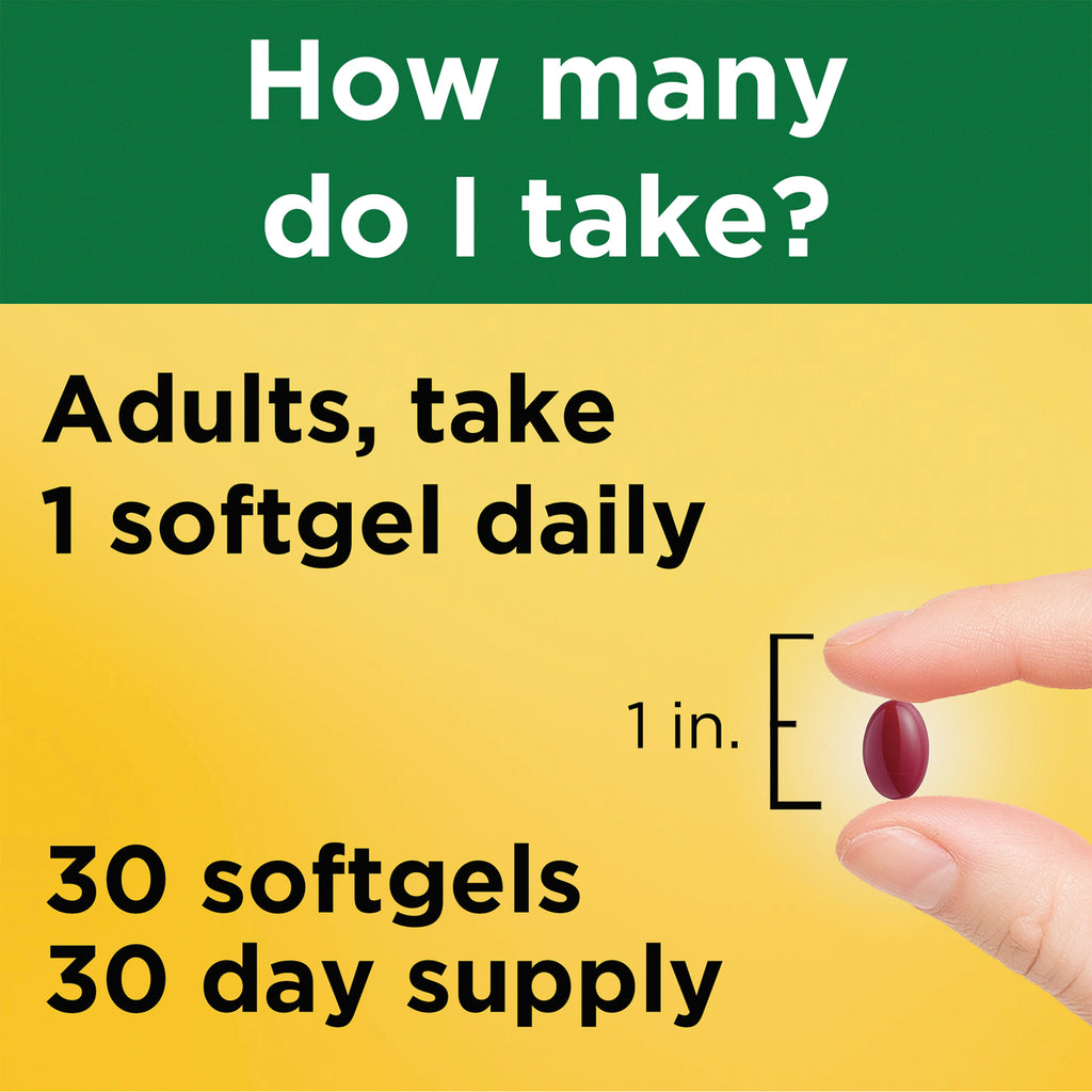 NTM150 | Adults take 1 softgel daily; 30 softgels 30 day supply, hand holding 1 in softgel - Thumbnail