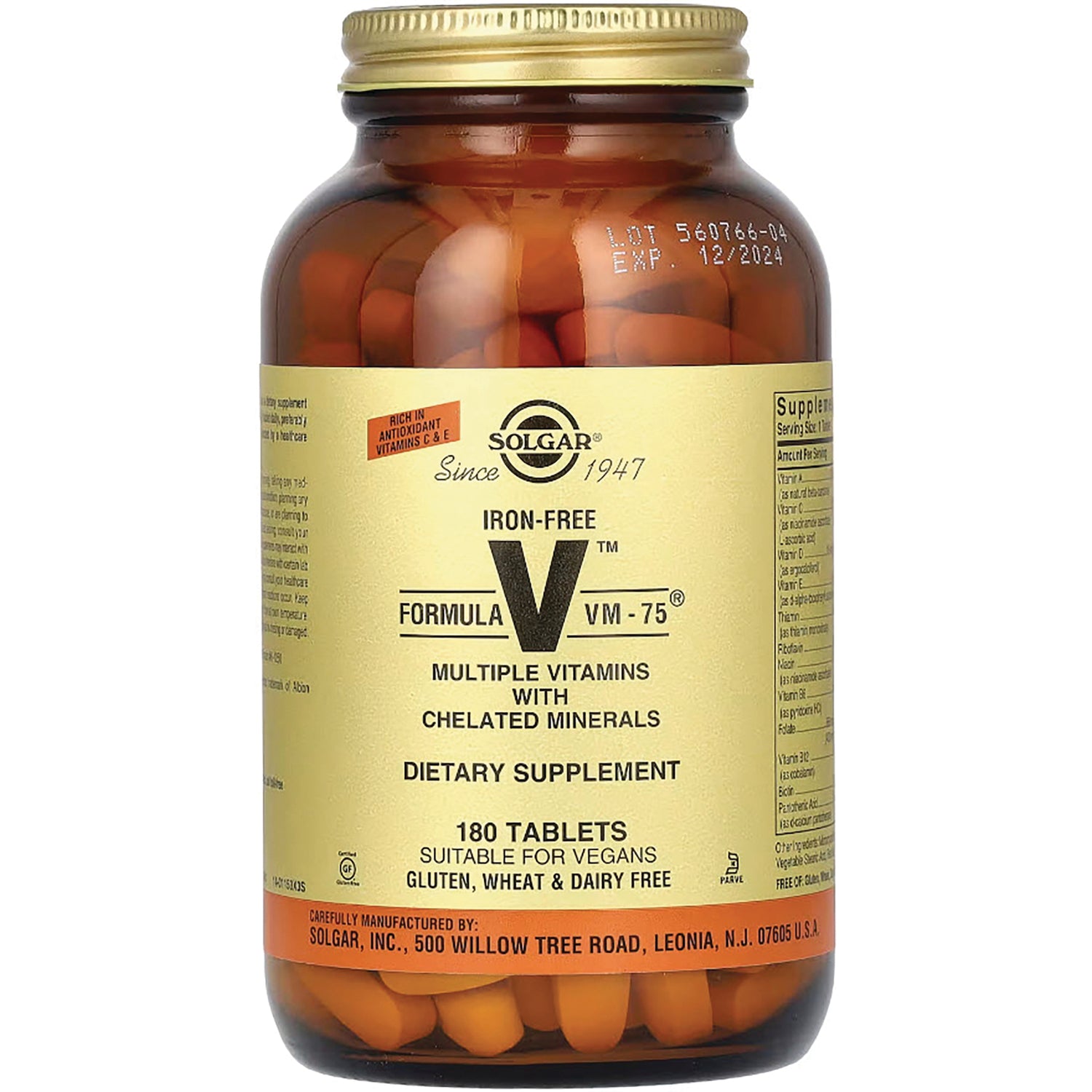 SLG286 | Solgar Formula VM-75 iron-free multiple vitamins bottle, amber jar with 180 tablets