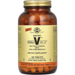 SLG286 | Solgar Formula VM-75 iron-free multiple vitamins bottle, amber jar with 180 tablets