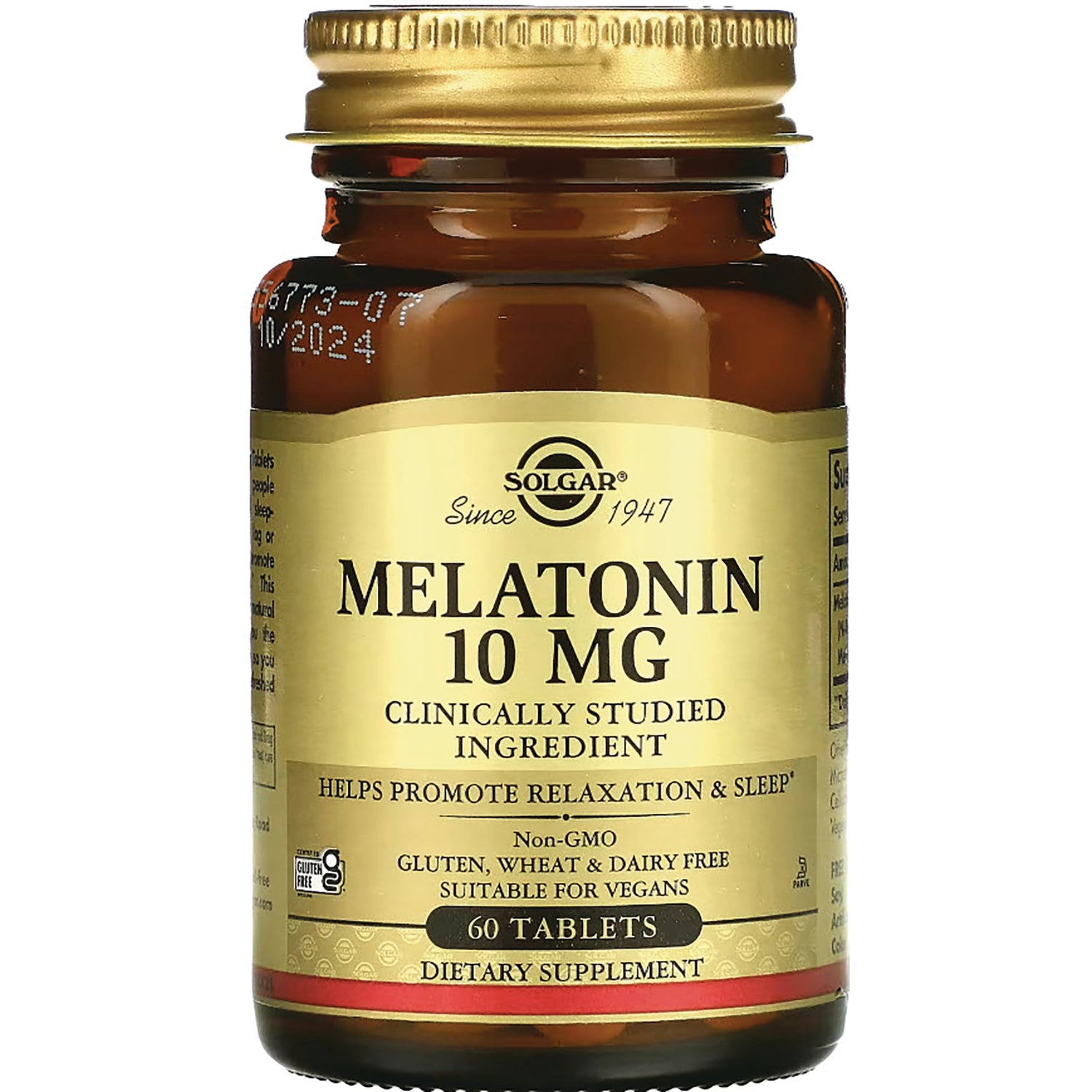 SLG333 | Amber glass bottle of Solgar Melatonin 10 MG dietary supplement, 60 tablets