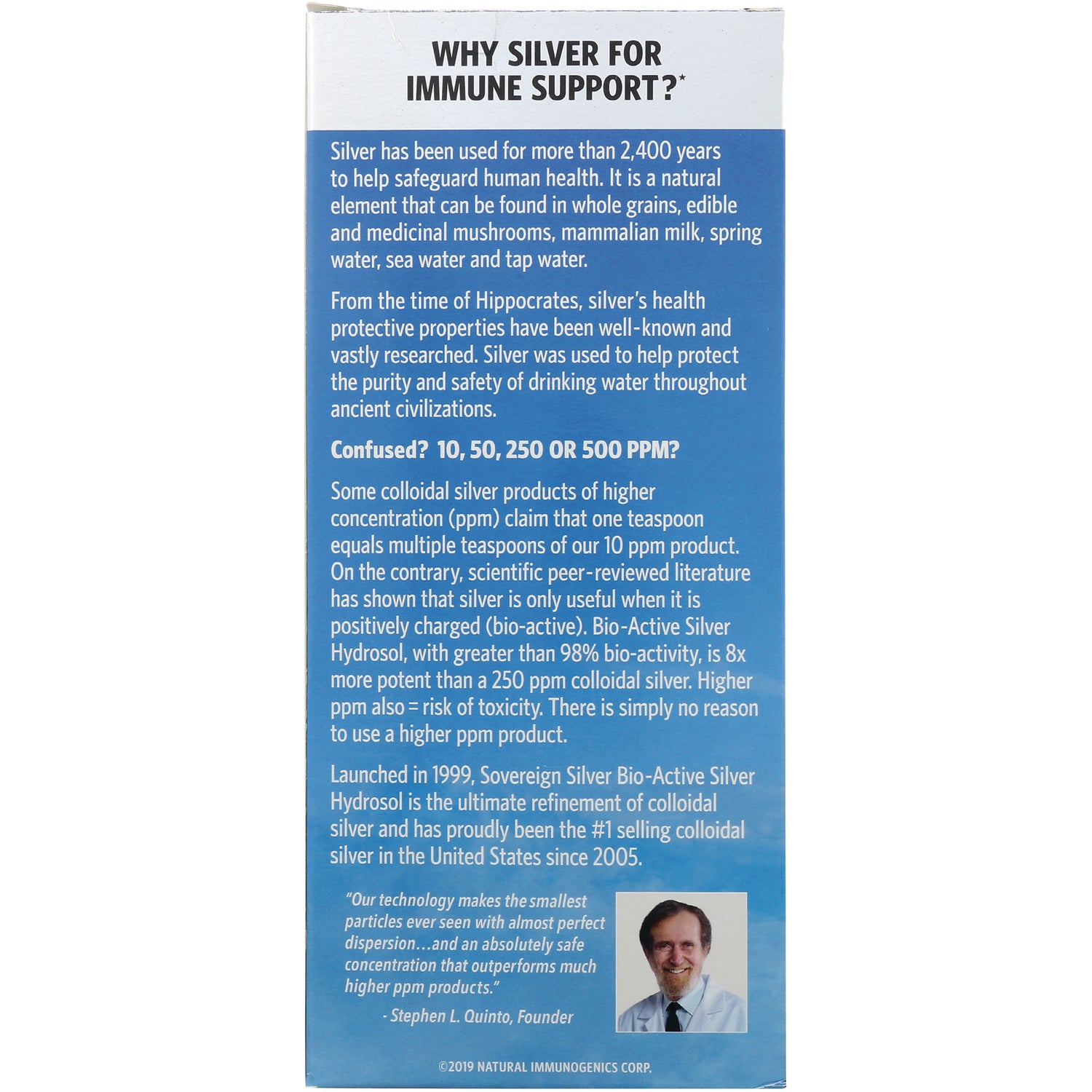 SSL010 | Back panel: Why Silver for Immune Support? Bio-active silver info, ppm comparison, founder quote