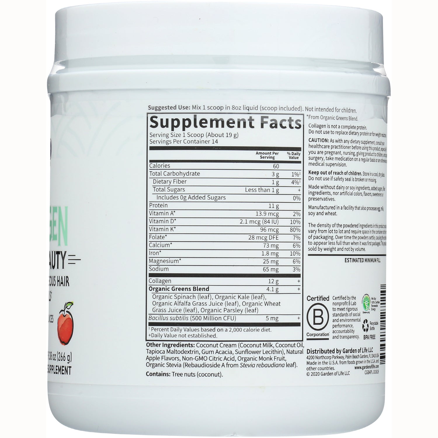 GLF305 | Supplement Facts panel, ingredients and usage information on back of white supplement tub