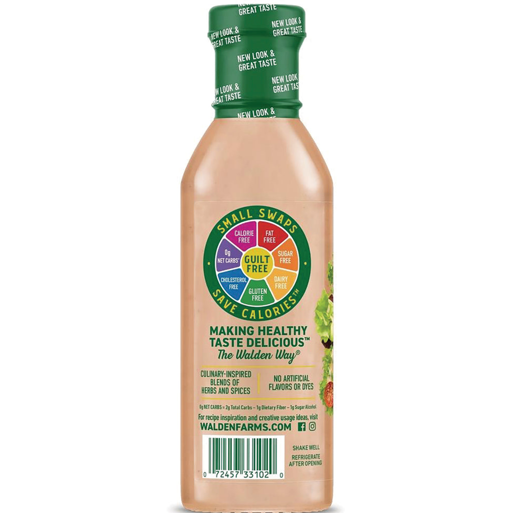 WAL020 | Back of Walden Farms dressing bottle; Small Swaps Save Calories badge, calorie/fat/sugar free, barcode visible - Thumbnail