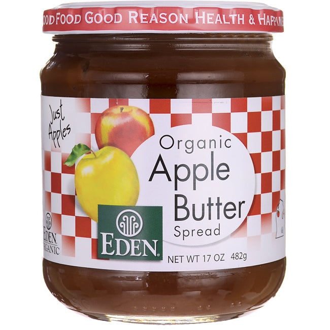 EDF049 | Eden Organic Apple Butter spread jar with red checkerboard label and apples, NET WT 17 OZ