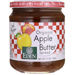 EDF049 | Eden Organic Apple Butter spread jar with red checkerboard label and apples, NET WT 17 OZ