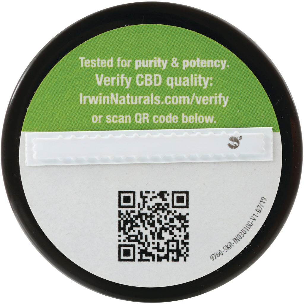 IR183 | round product lid showing green panel reading Tested for purity & potency Verify CBD quality IrwinNaturals.com/verify and a QR code - Thumbnail