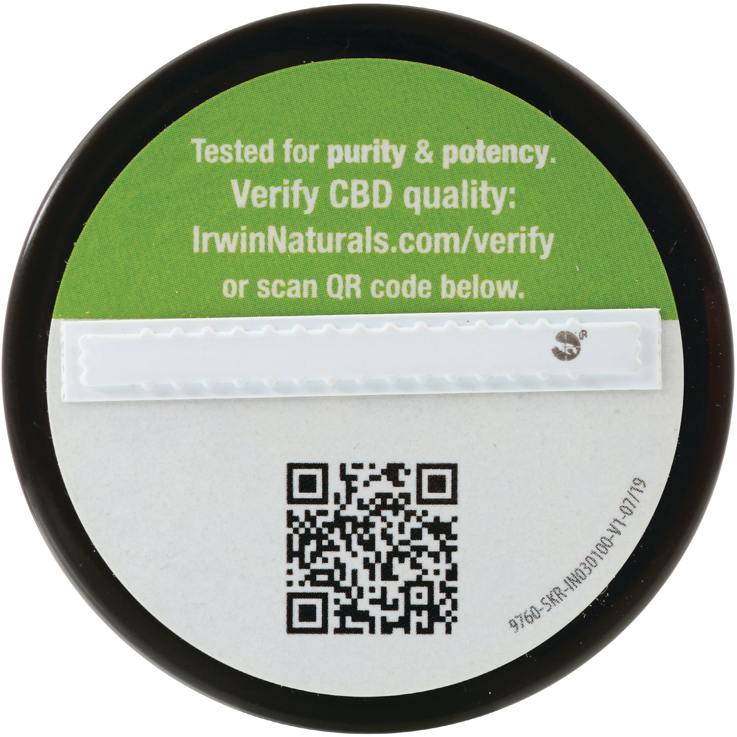 IR183 | round product lid showing green panel reading Tested for purity & potency Verify CBD quality IrwinNaturals.com/verify and a QR code