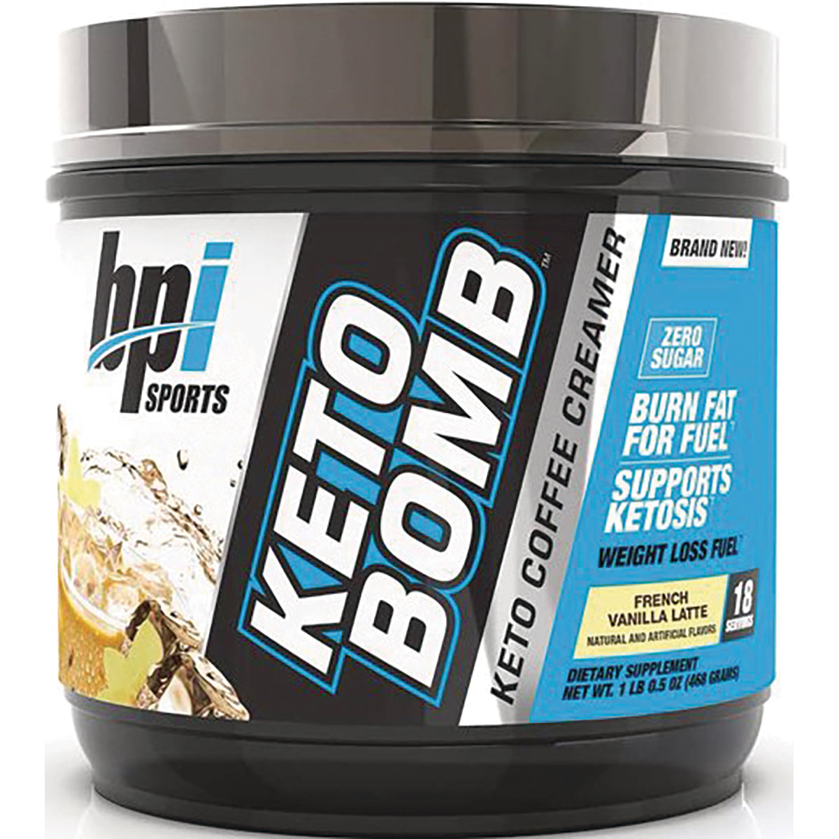 BPI025 | BPI Sports Keto Bomb keto coffee creamer container, French Vanilla Latte flavor, zero sugar, supports ketosis