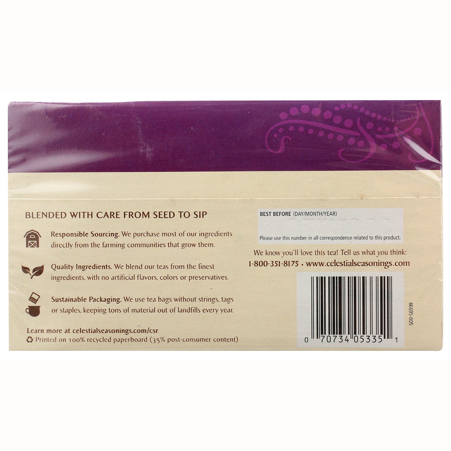 CEL008 | back of tea box showing sourcing statements, best before panel and barcode