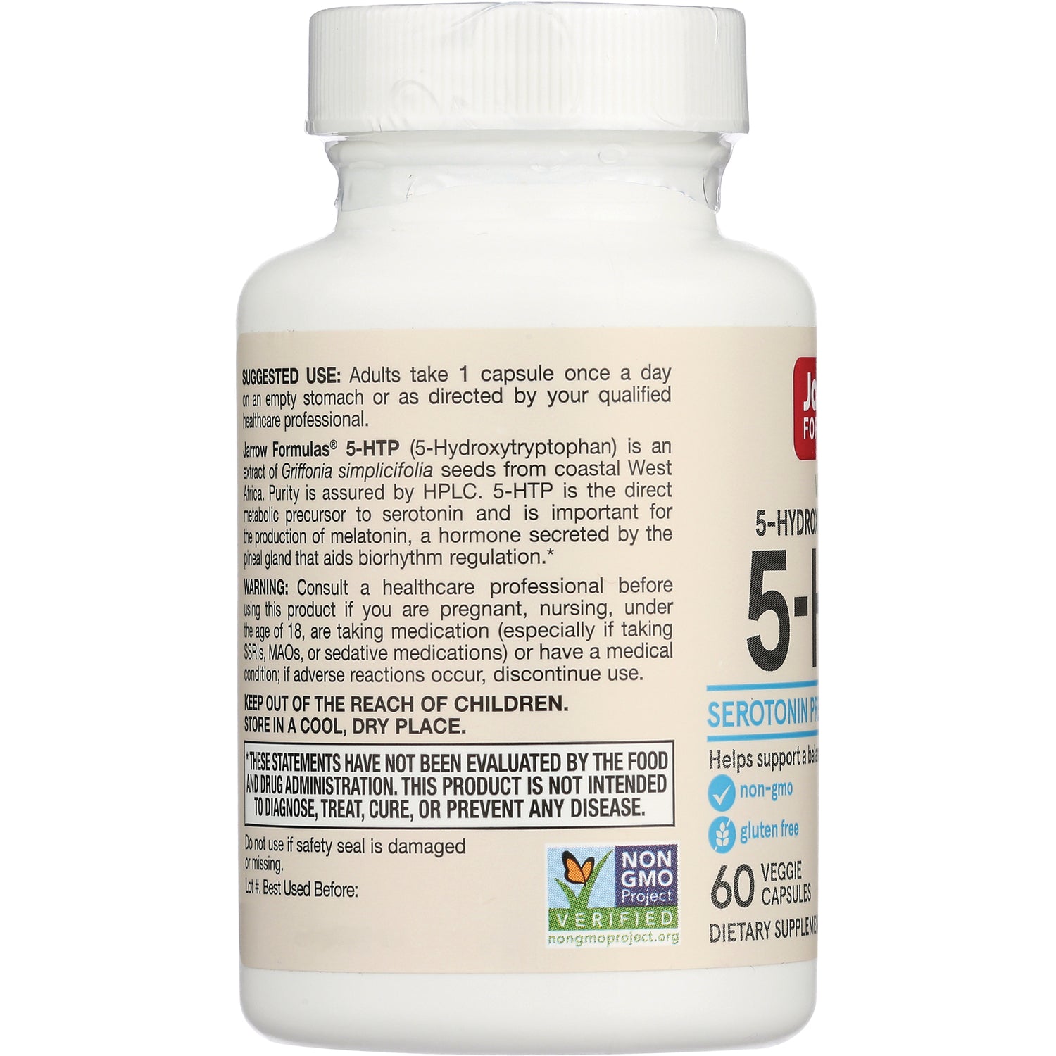 JR001 | Back label of white supplement bottle showing suggested use, warnings, non-GMO verified logo and 60 veggie capsules
