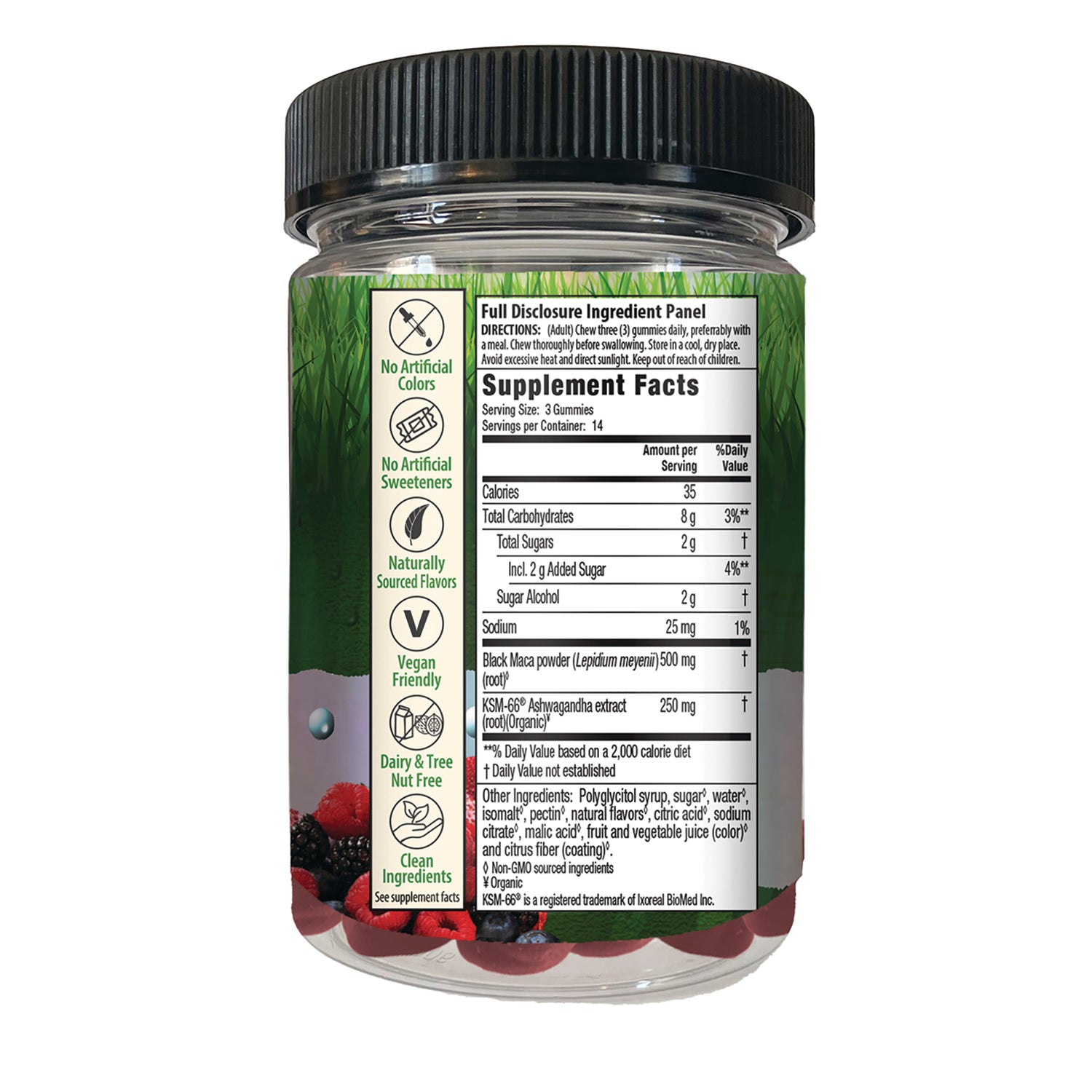 IR307 | back of clear supplement bottle showing Supplement Facts panel and icons for vegan, no artificial colors, dairy and tree nut free