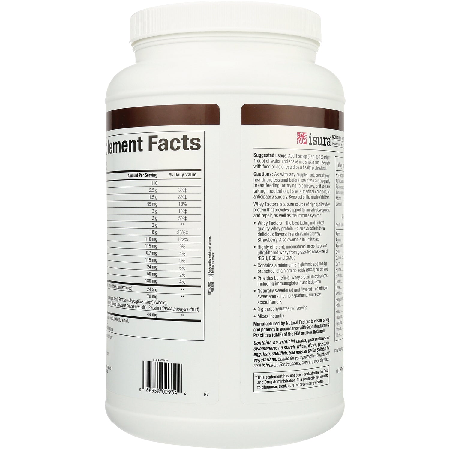 NFC110 | back label of white supplement tub showing supplement facts panel, barcode, and usage text
