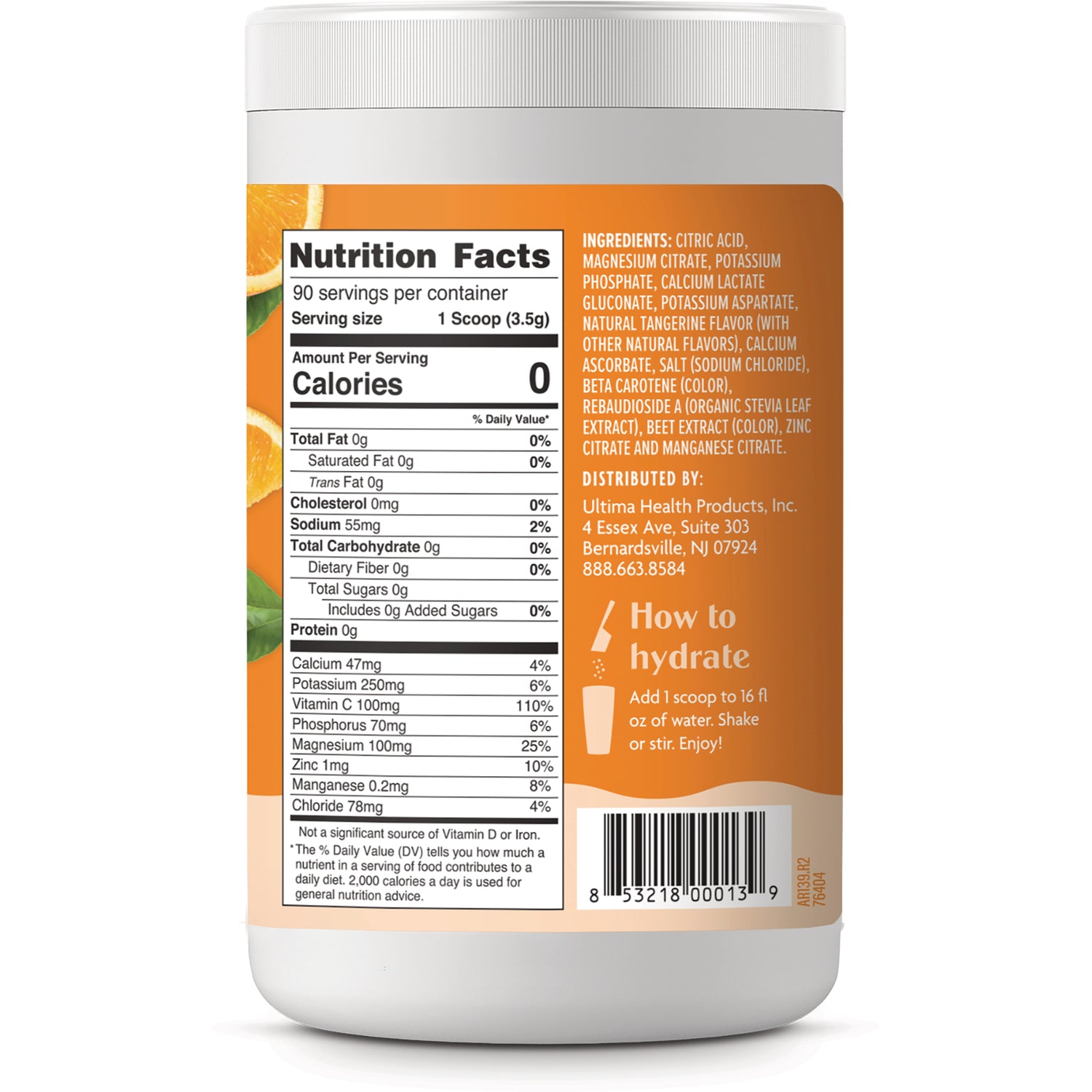 UHP029 | Back label with Nutrition Facts, ingredients, directions: How to hydrateAdd 1 scoop to 16 fl oz of water