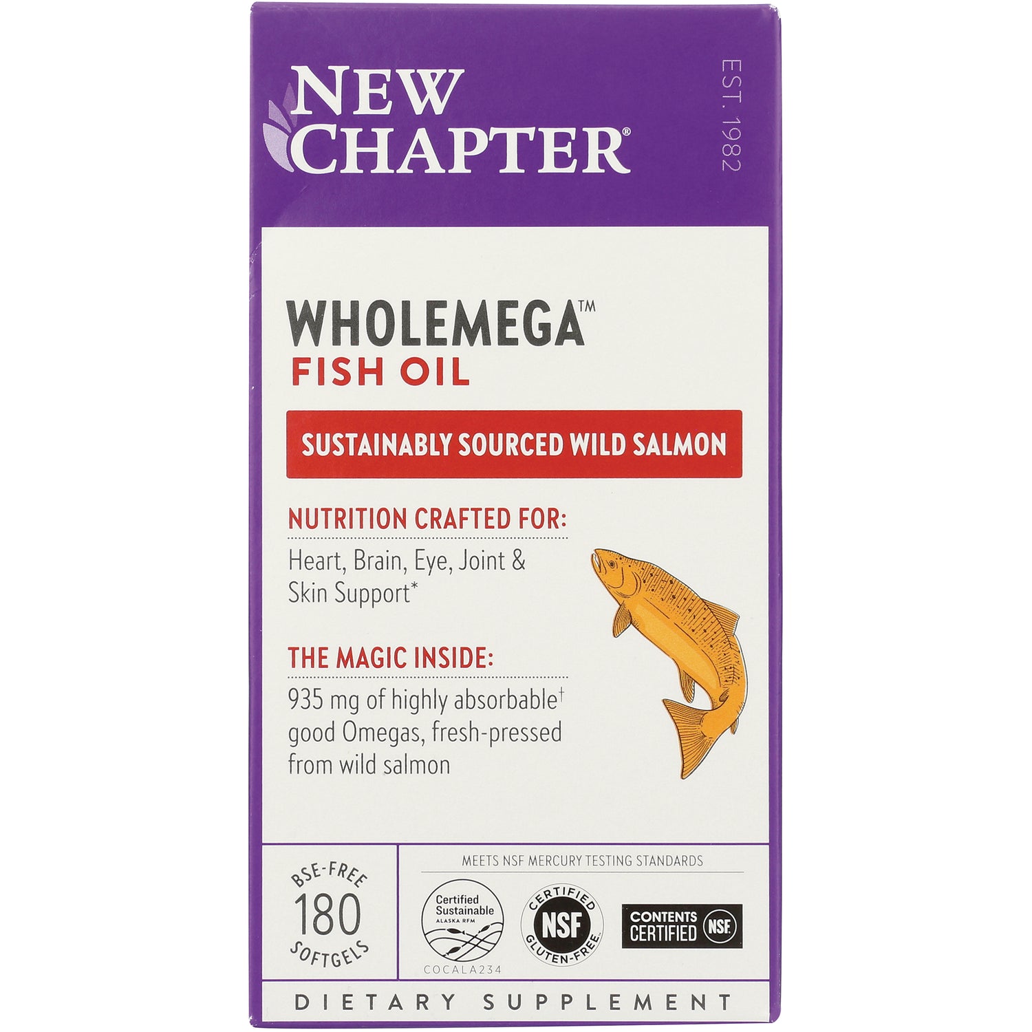 NWC209 | New Chapter Wholemega fish oil front packaging, sustainably sourced wild salmon, 180 softgels