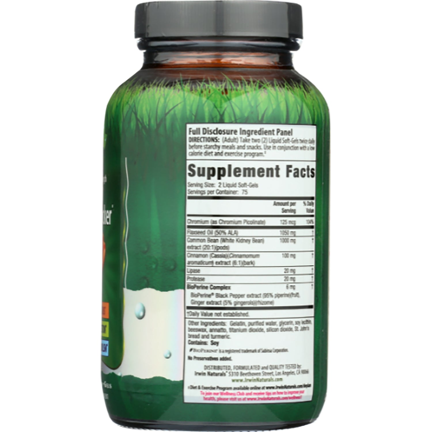 IR108 | Back of green supplement bottle showing Supplement Facts panel and ingredient table