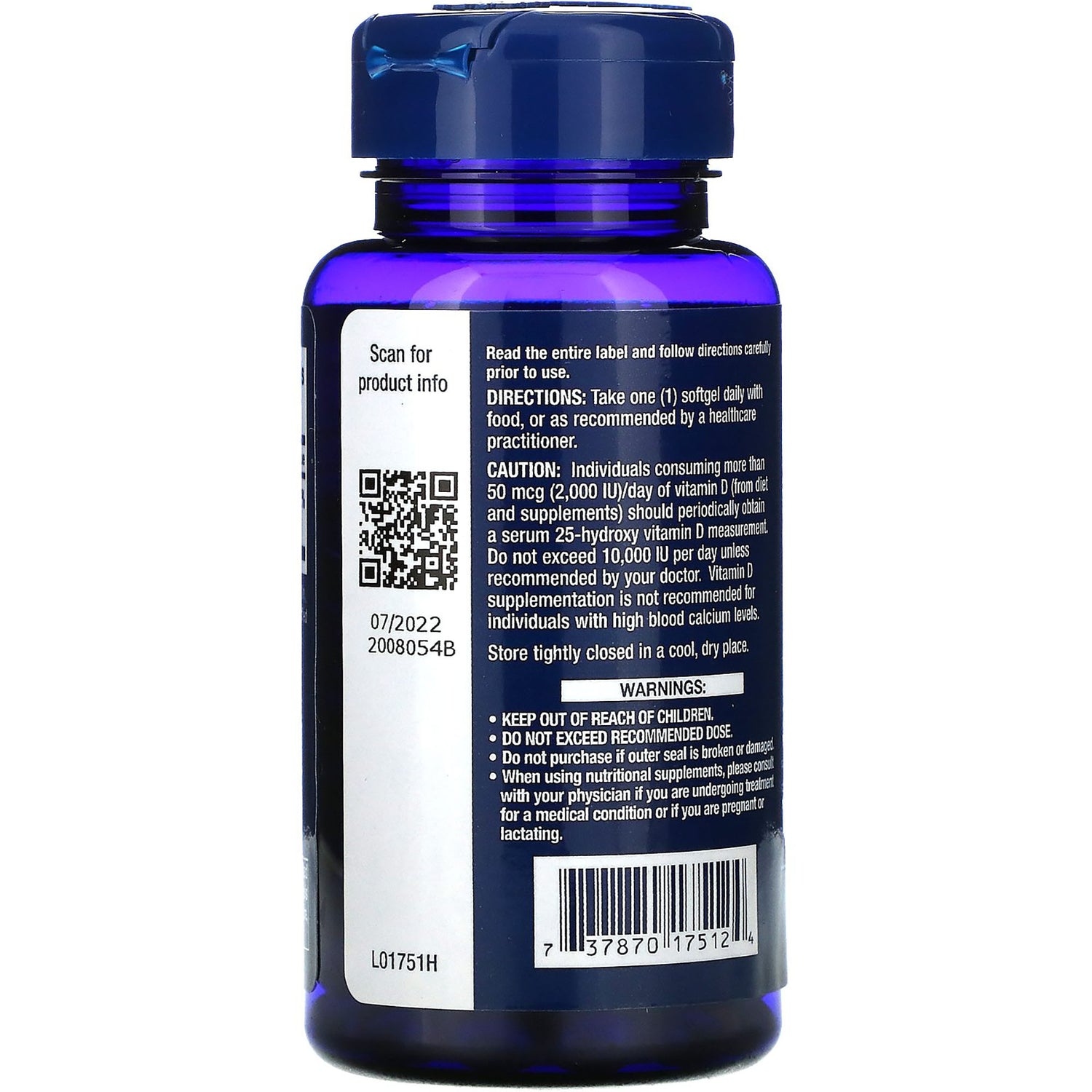 LE201 | Back of blue supplement bottle showing directions, warnings, QR code, and barcode