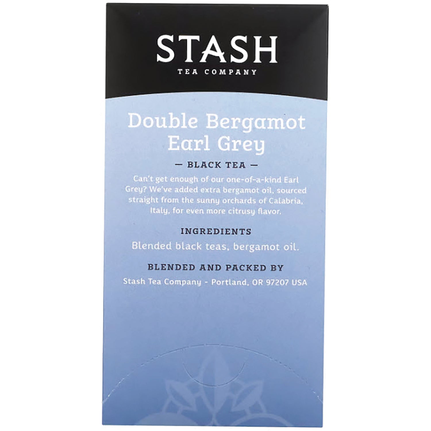 STH005 | Back of Stash Tea Company Double Bergamot Earl Grey black tea box with ingredients