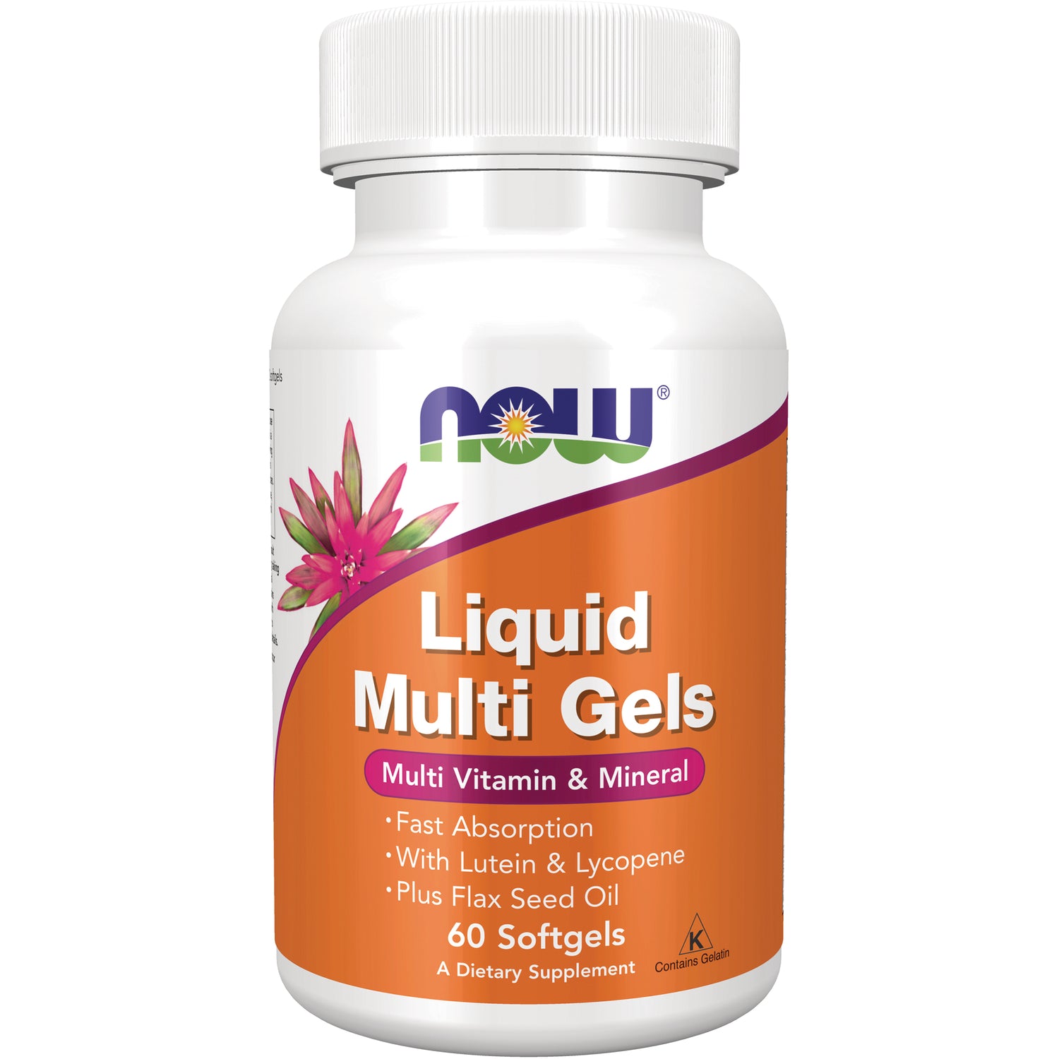 NWF176 | White bottle of NOW Liquid Multi Gels multi vitamin & mineral 60 softgels front label