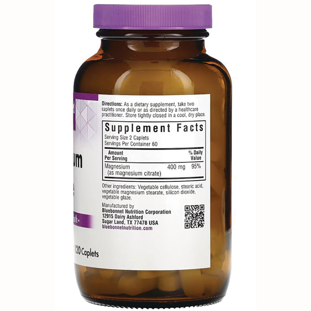 BLU098 | Back of amber supplement bottle showing Supplement Facts panel, Magnesium 400 mg, serving size 2 caplets - Thumbnail