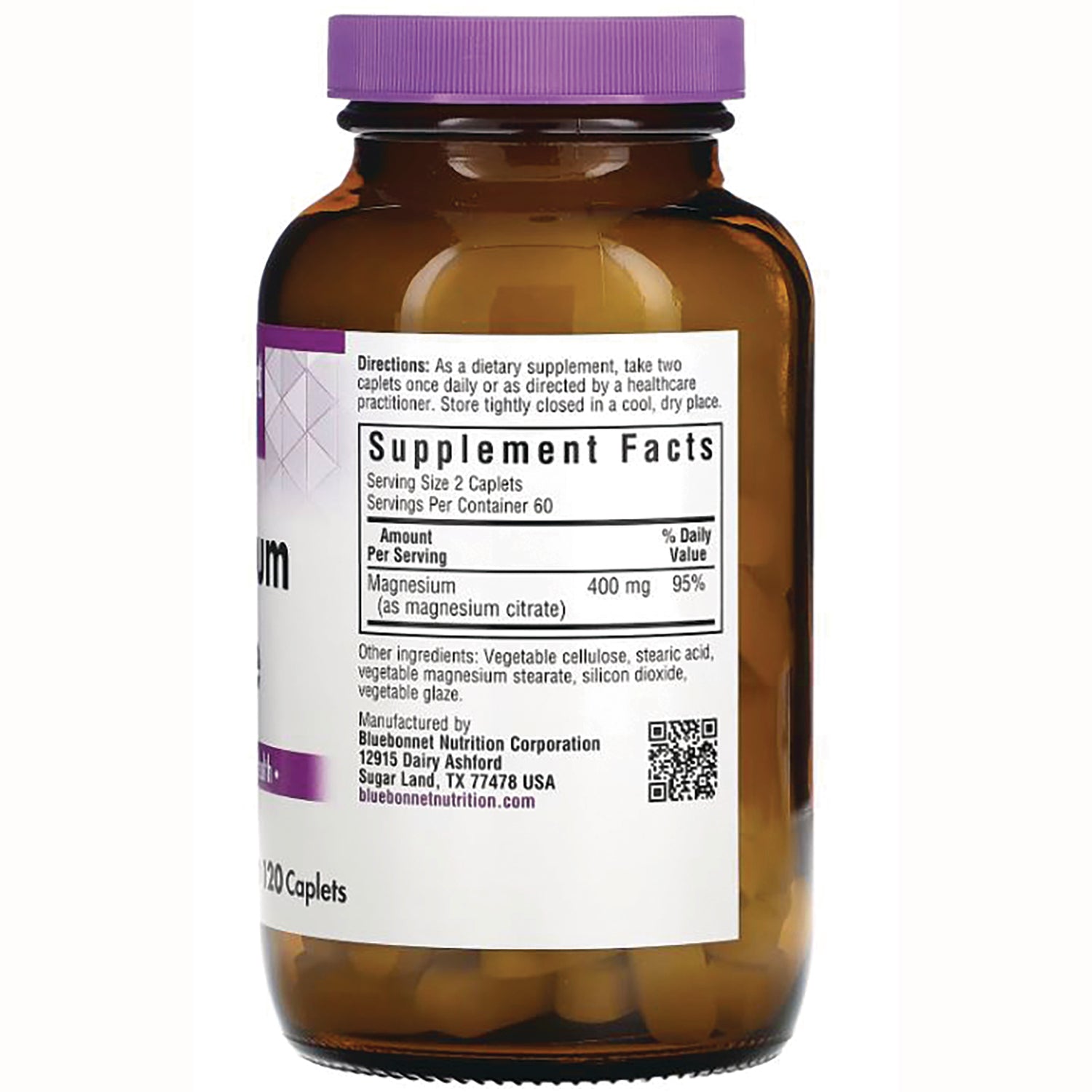 BLU098 | Back of amber supplement bottle showing Supplement Facts panel, Magnesium 400 mg, serving size 2 caplets