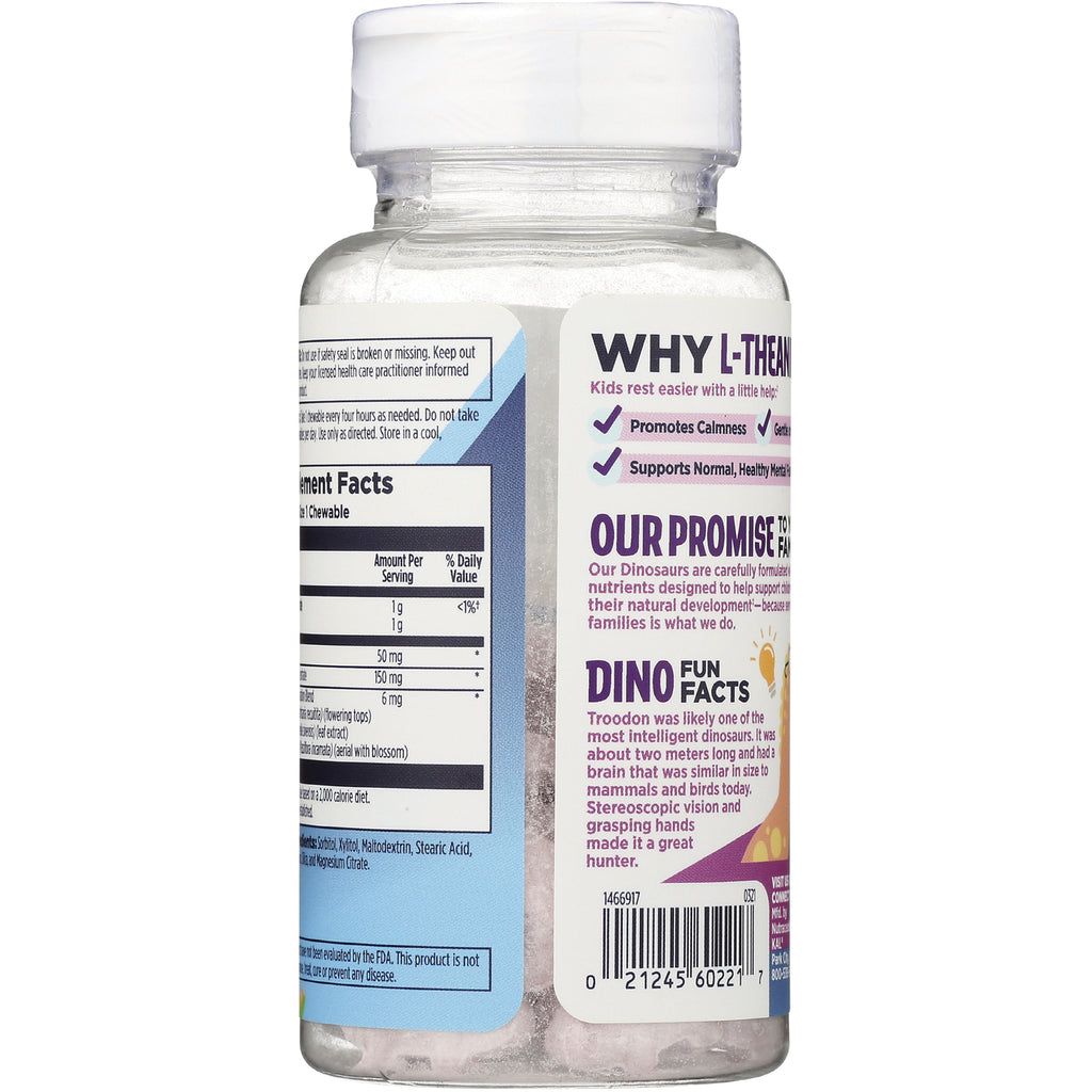 Back of clear supplement bottle showing Supplement Facts panel, OUR PROMISE and DINO FUN FACTS text and barcode - Thumbnail