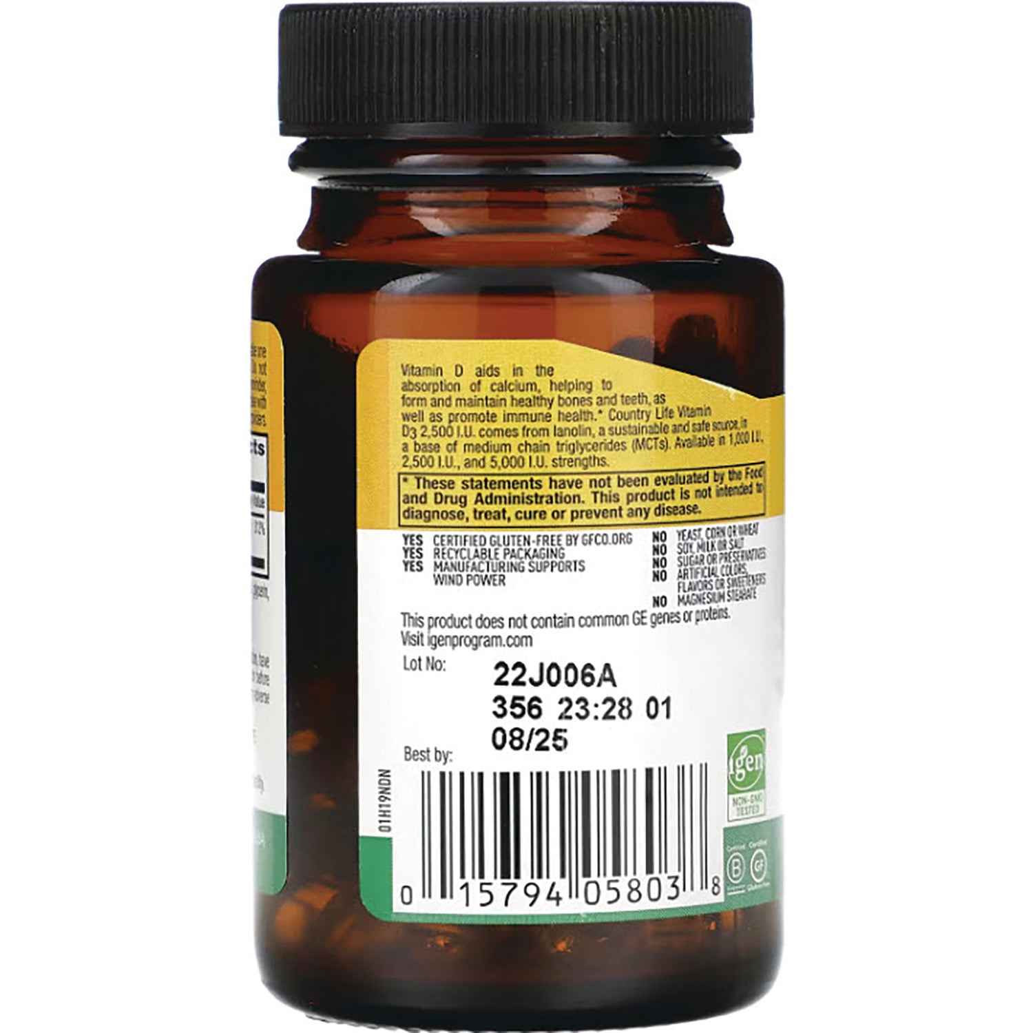 CRL339 | back of amber supplement bottle showing lot number 22J006A, best by 08/25 and barcode