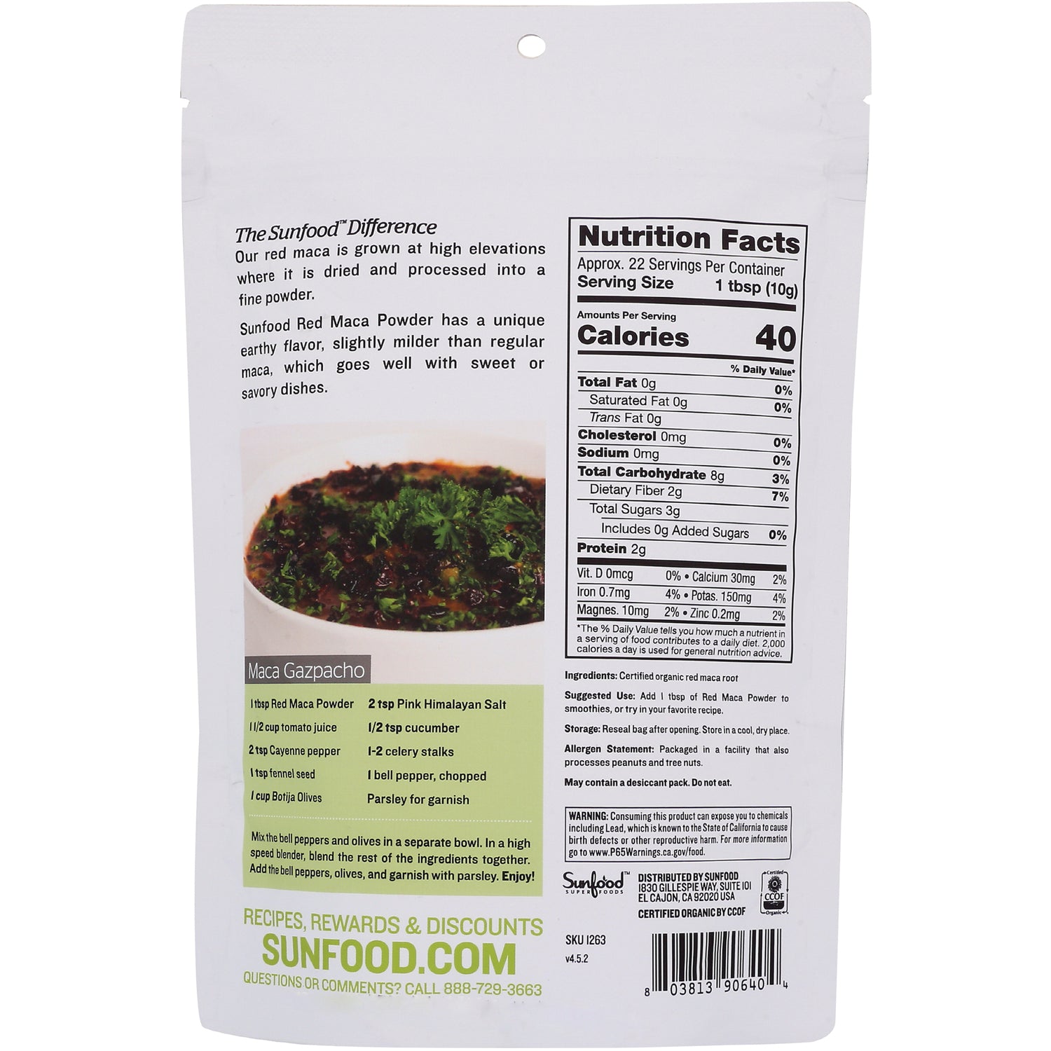 SNF008 | Back of Sunfood Red Maca Powder pouch with Nutrition Facts and Maca Gazpacho recipe