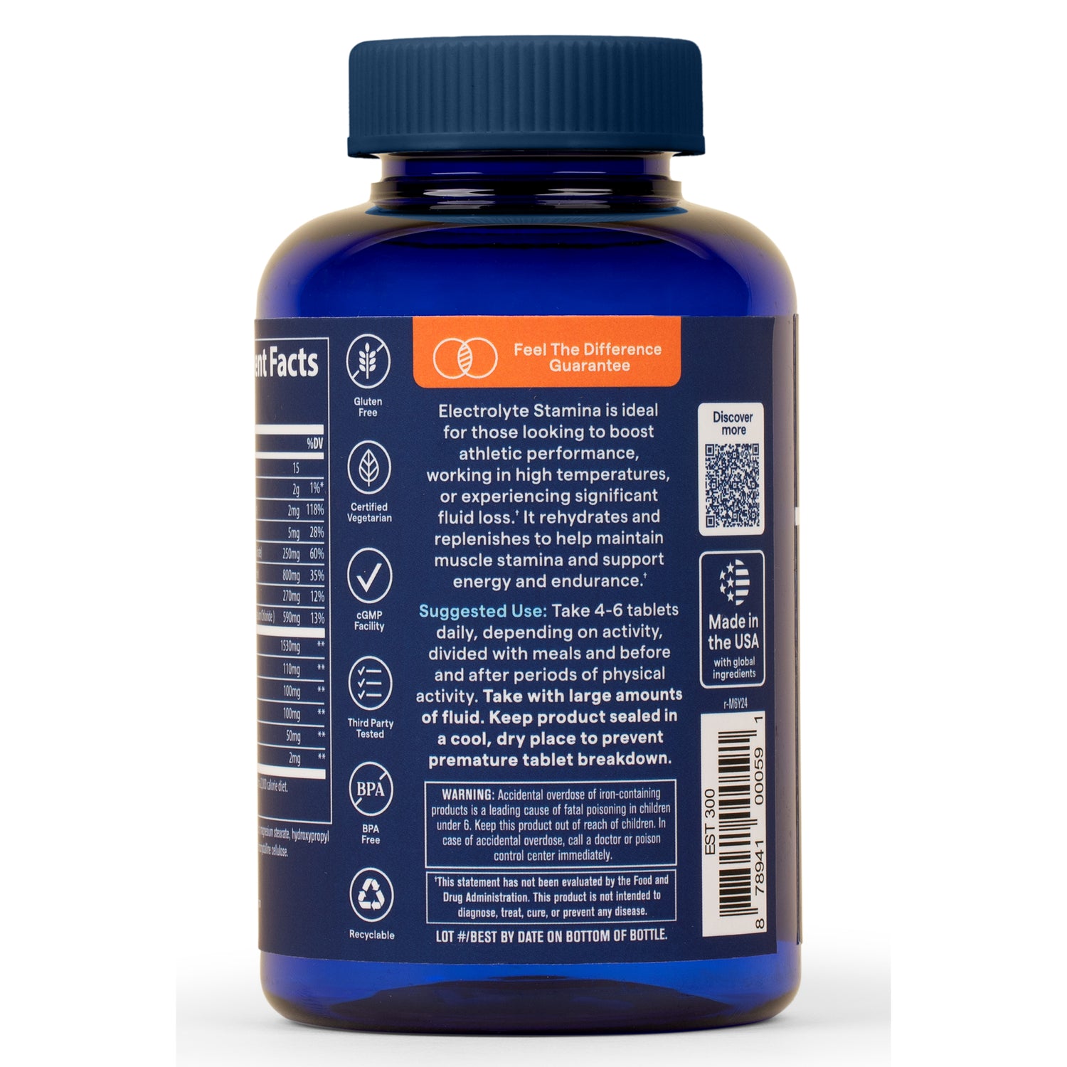 TM040 | Back label of blue supplement bottle with facts panel, directions, QR code, and icons: Gluten Free, Certified Vegetarian