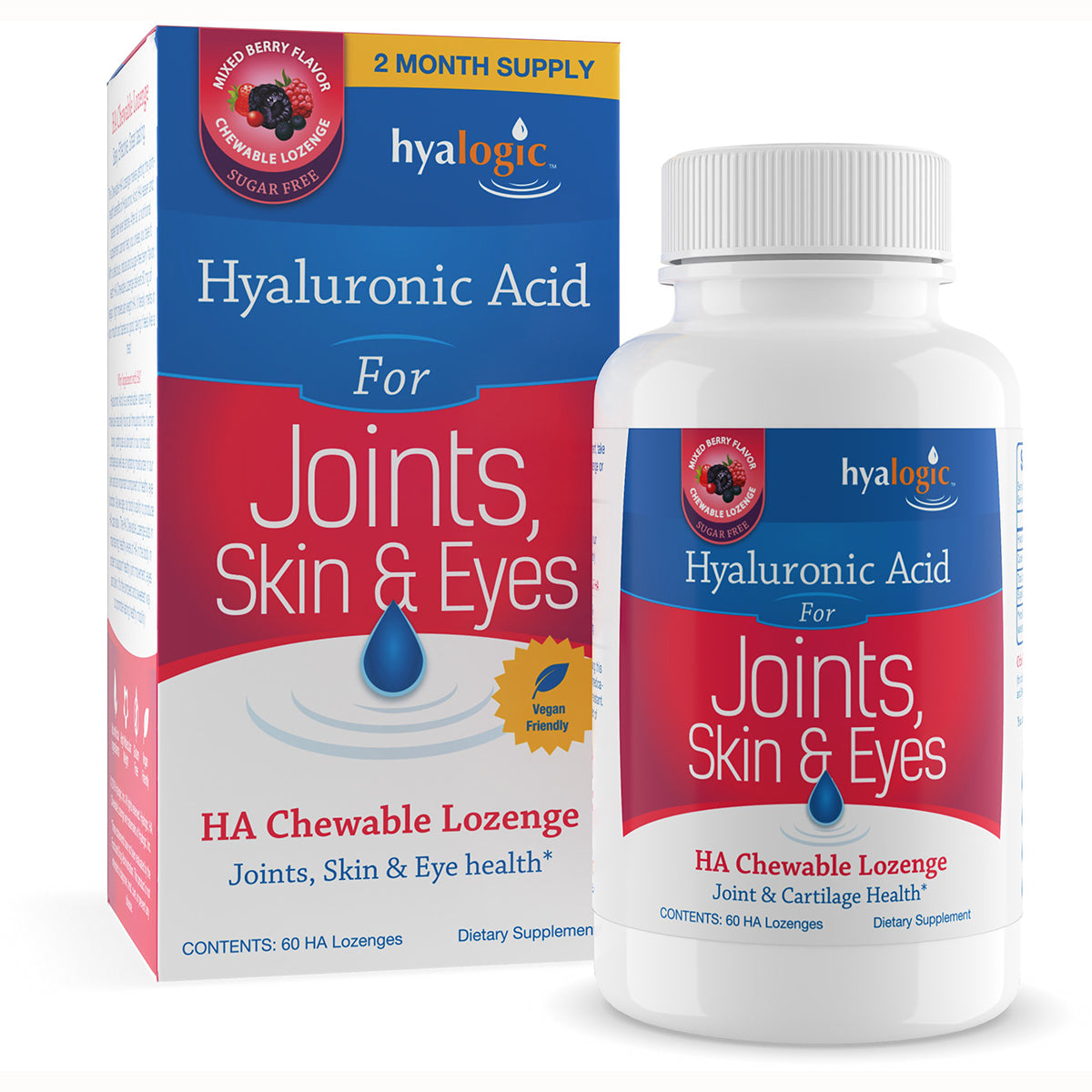 HYL006 | Hyaluronic Acid HA chewable lozenges bottle and box labeled Joints, Skin & Eyes, 60 lozenges