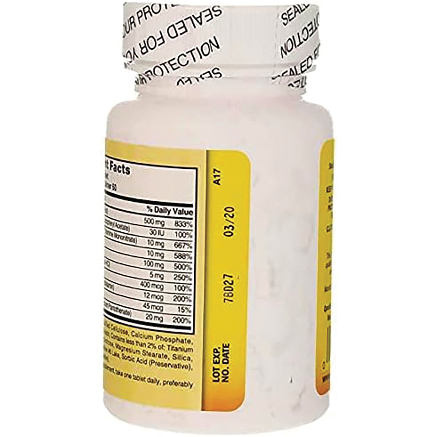 NAB111 | Back of white supplement bottle with yellow label showing Supplement Facts and LOT EXP 03/20
