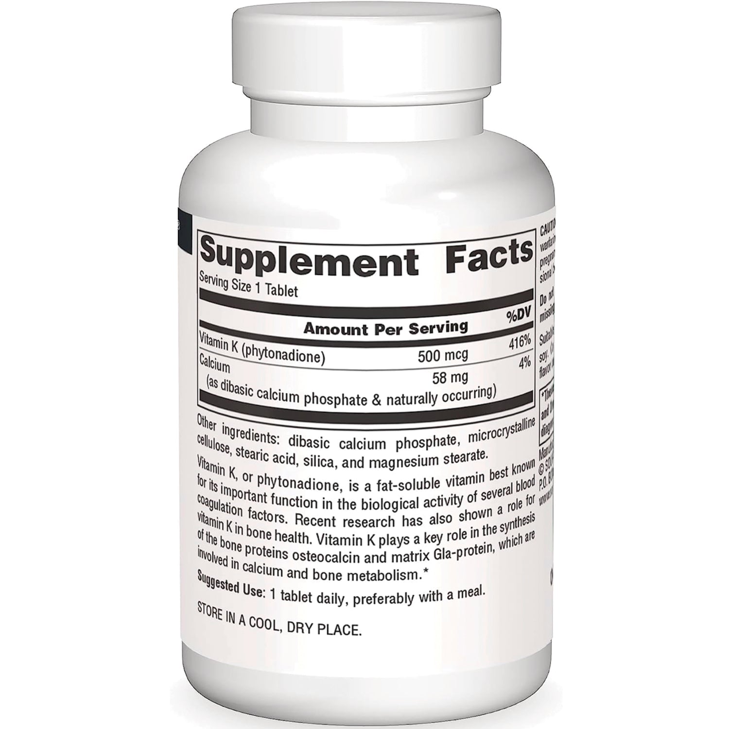 SN606 | Supplement Facts panel showing serving size 1 tablet, Vitamin K 500 mcg and Calcium 58 mg