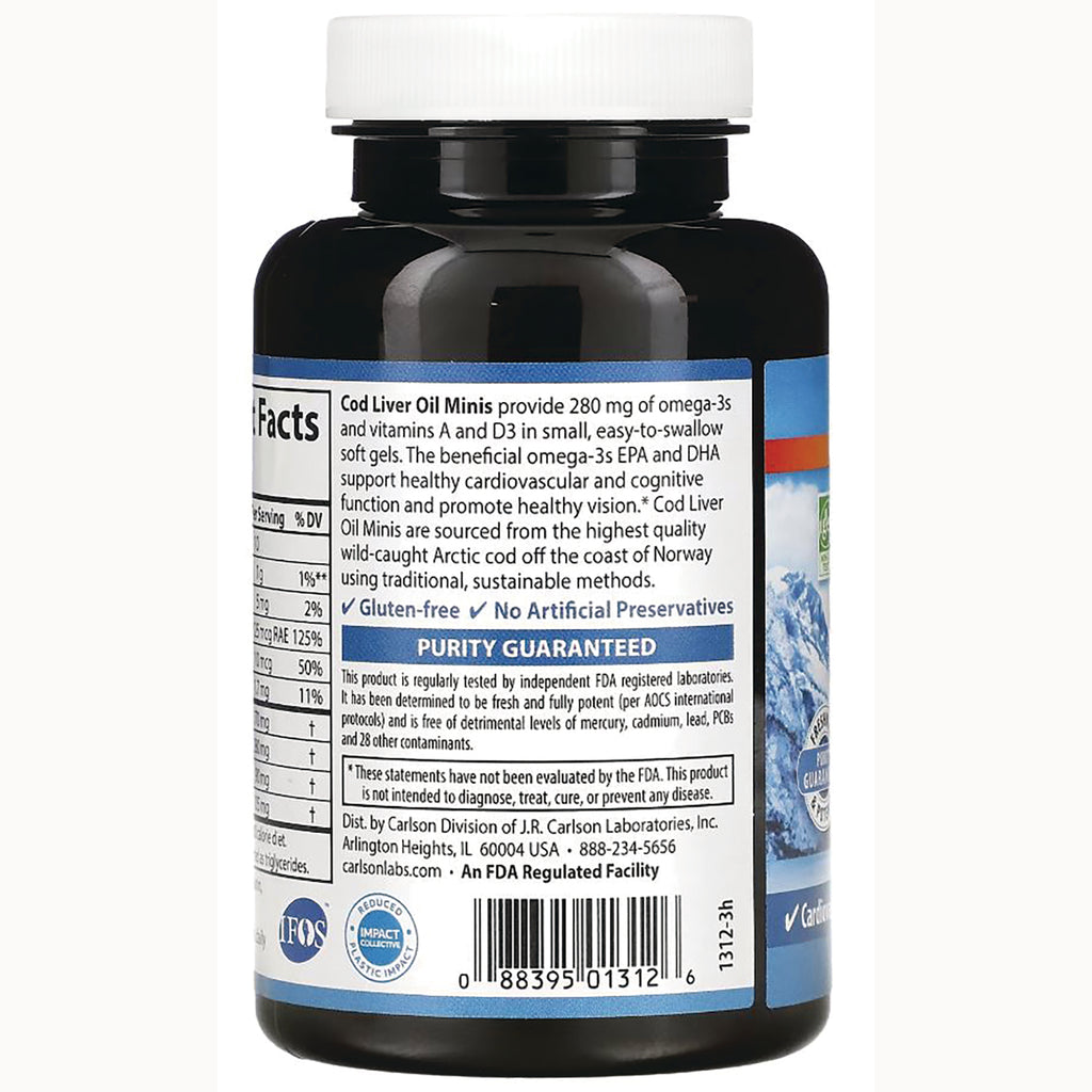 Back label of Cod Liver Oil Minis bottle showing nutrition facts, purity guaranteed statement and barcode - Thumbnail