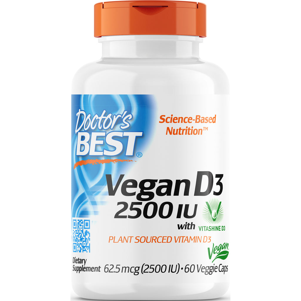DB232 | Doctor's Best Vegan D3 2500 IU white bottle with orange cap, plant-sourced vitamin D3, 60 veggie caps - Thumbnail
