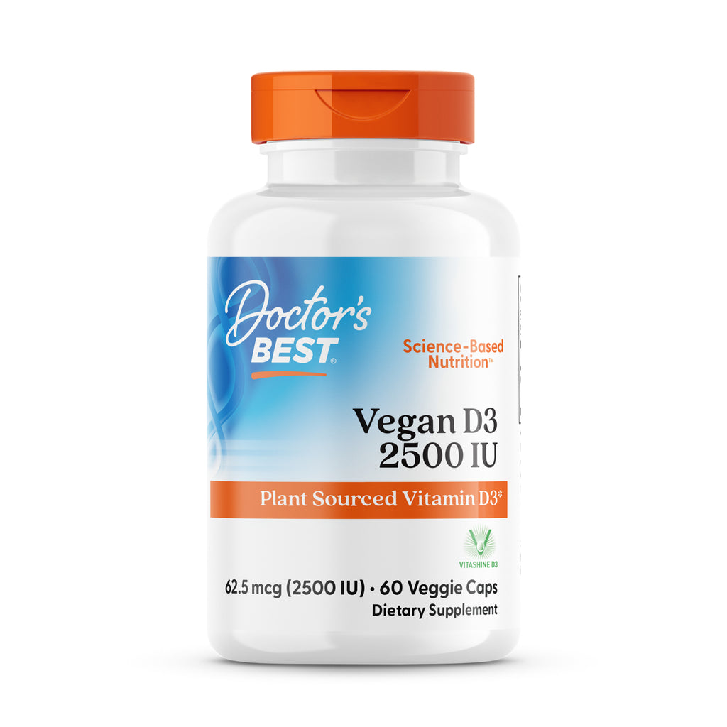 DB232 | Doctor's Best Vegan D3 2500 IU white bottle with orange cap, plant-sourced vitamin D3, 60 veggie caps - Thumbnail