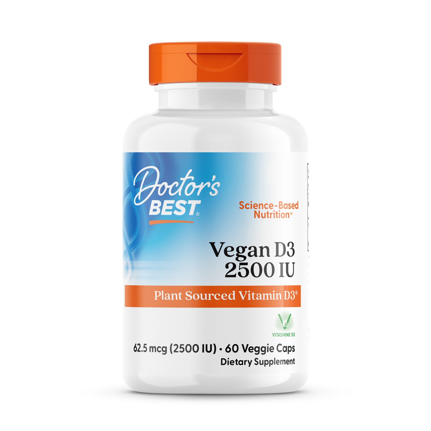 DB232 | Doctor's Best Vegan D3 2500 IU white bottle with orange cap, plant-sourced vitamin D3, 60 veggie caps
