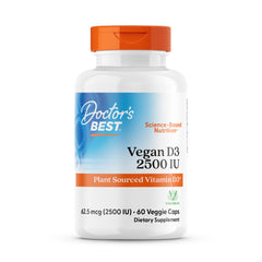 DB232 | Doctor's Best Vegan D3 2500 IU white bottle with orange cap, plant-sourced vitamin D3, 60 veggie caps