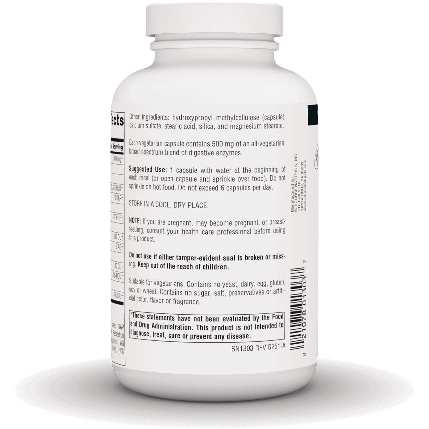 SN199 | Supplement bottle back label with other ingredients, suggested use, warnings, and barcode