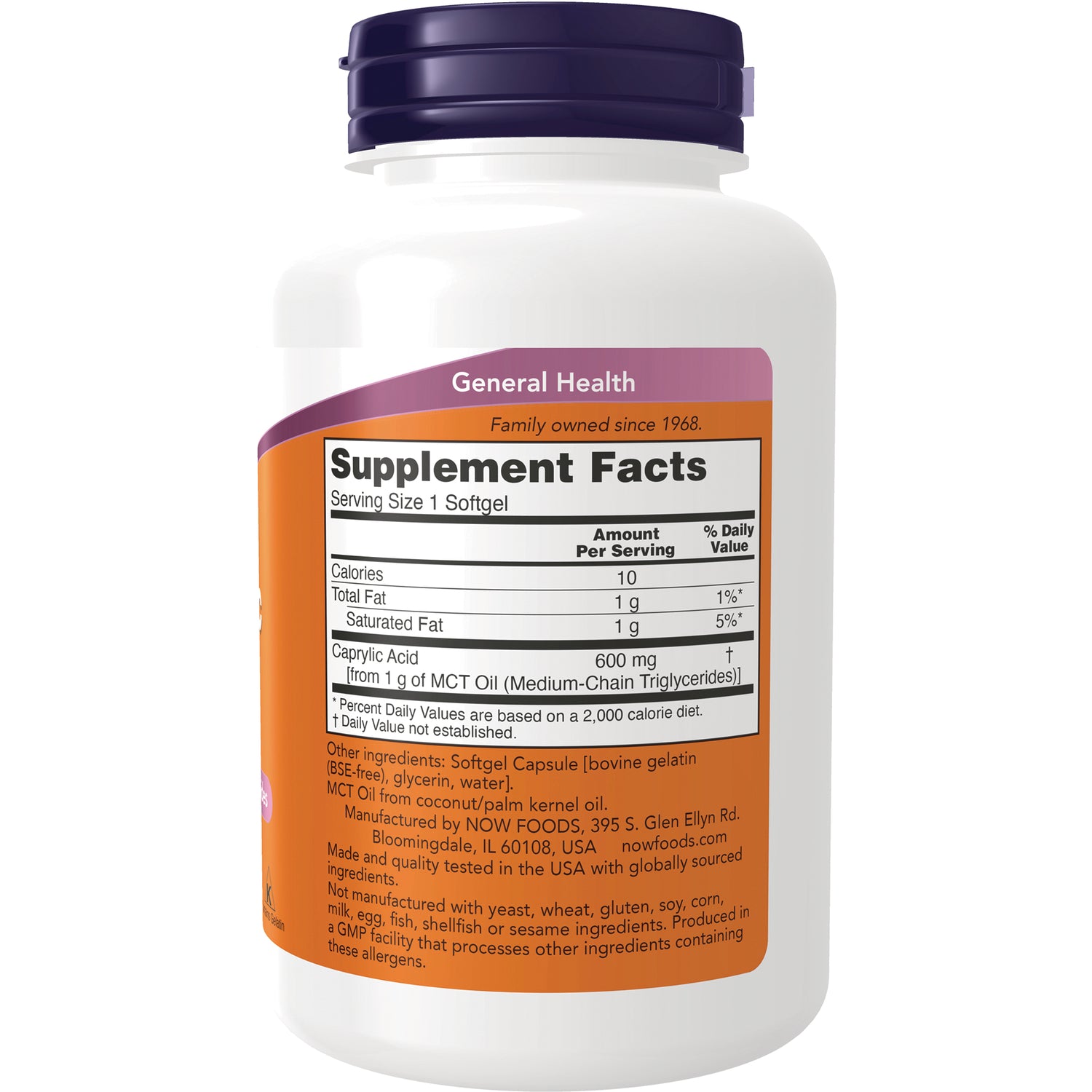 NWF532 | Back of white supplement bottle showing Supplement Facts label, serving size 1 softgel and Caprylic Acid 600 mg