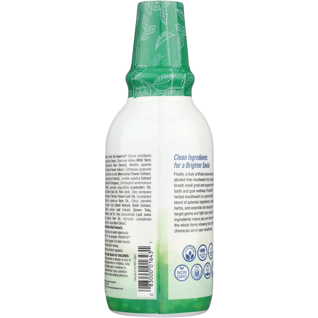 NAT080 | back of green-capped mouthwash bottle showing ingredients, barcode, and text Clean Ingredients for a Brighter Smile - Thumbnail