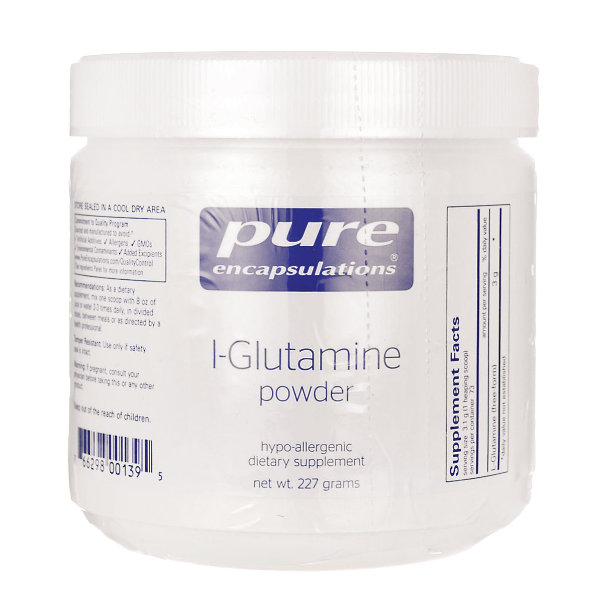 PRN046 | Pure Encapsulations L-Glutamine powder jar, hypo-allergenic dietary supplement 227 grams