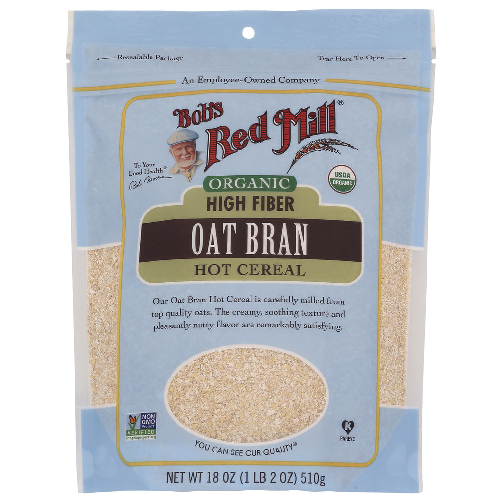 BOB314 | Bob's Red Mill organic high fiber oat bran hot cereal front pouch with clear window showing oats - Thumbnail