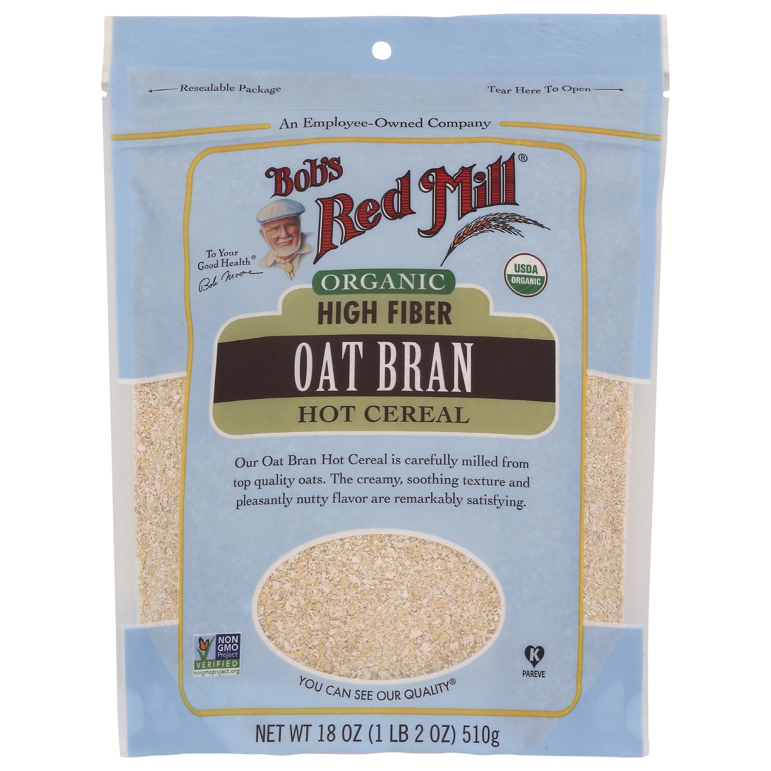 BOB314 | Bob's Red Mill organic high fiber oat bran hot cereal front pouch with clear window showing oats