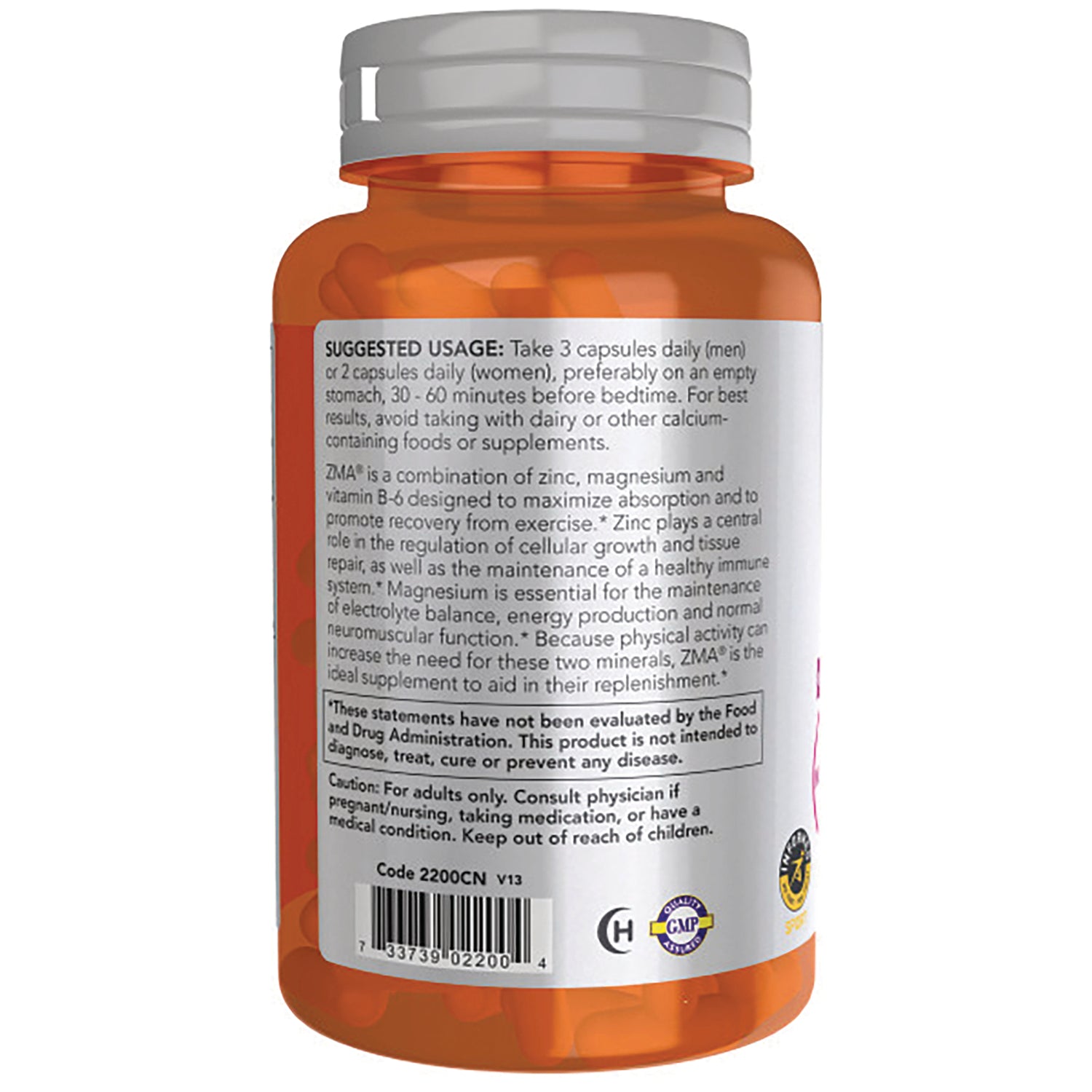 NWF997 | Back of orange supplement bottle showing label with suggested usage, caution, and barcode