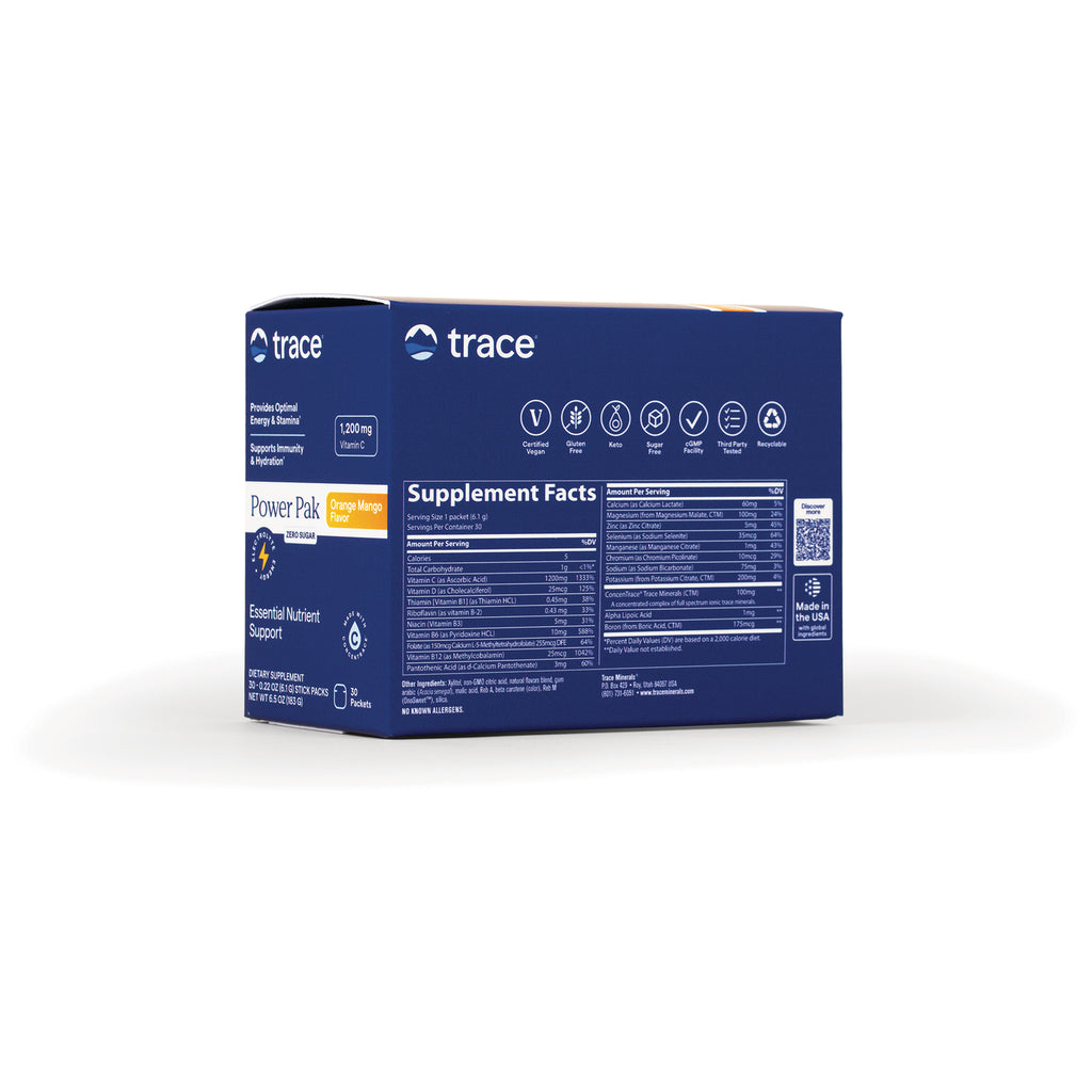 TM121 | Back of Trace Power Pak box showing Supplement Facts and icons; Orange Mango flavor - Thumbnail