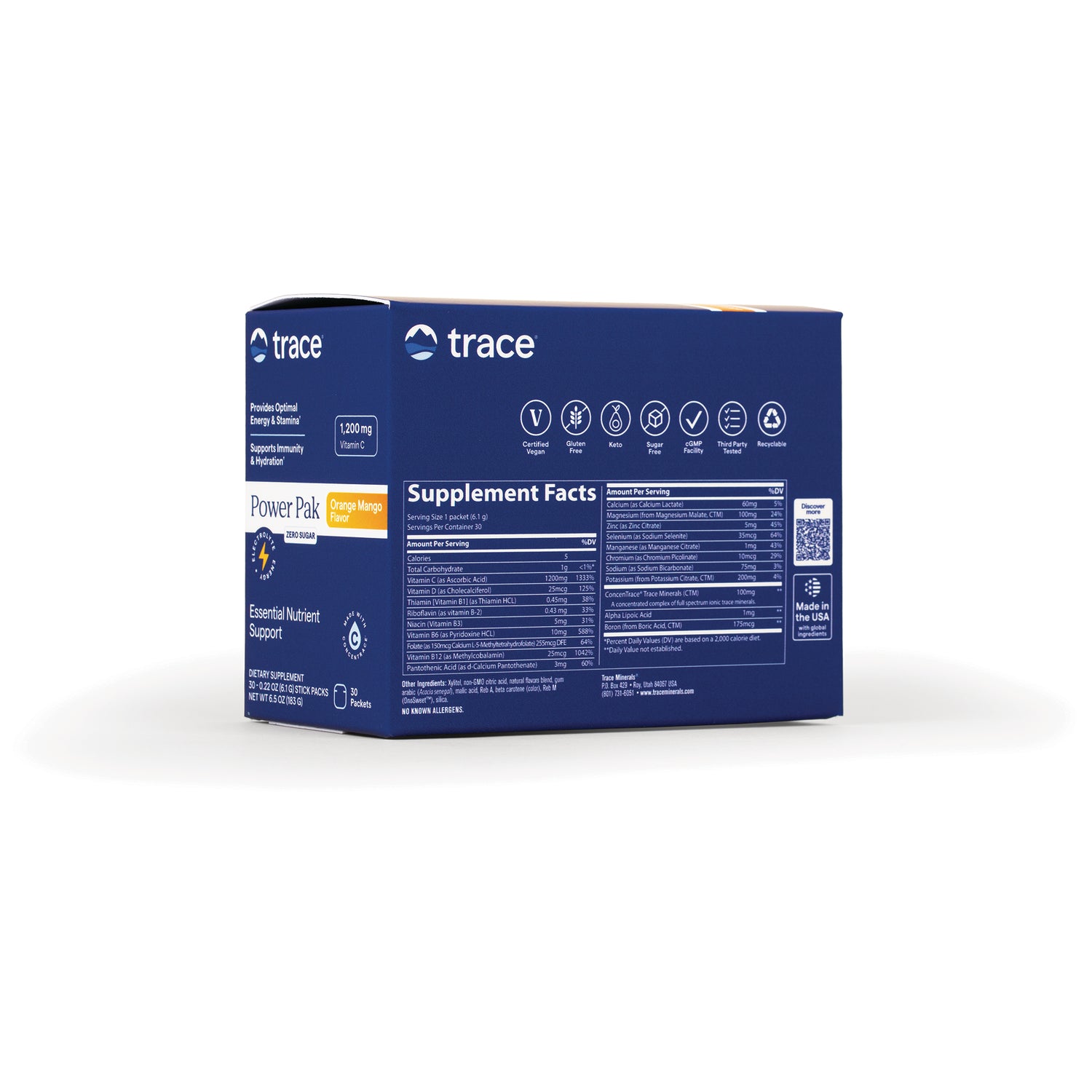 TM121 | Back of Trace Power Pak box showing Supplement Facts and icons; Orange Mango flavor