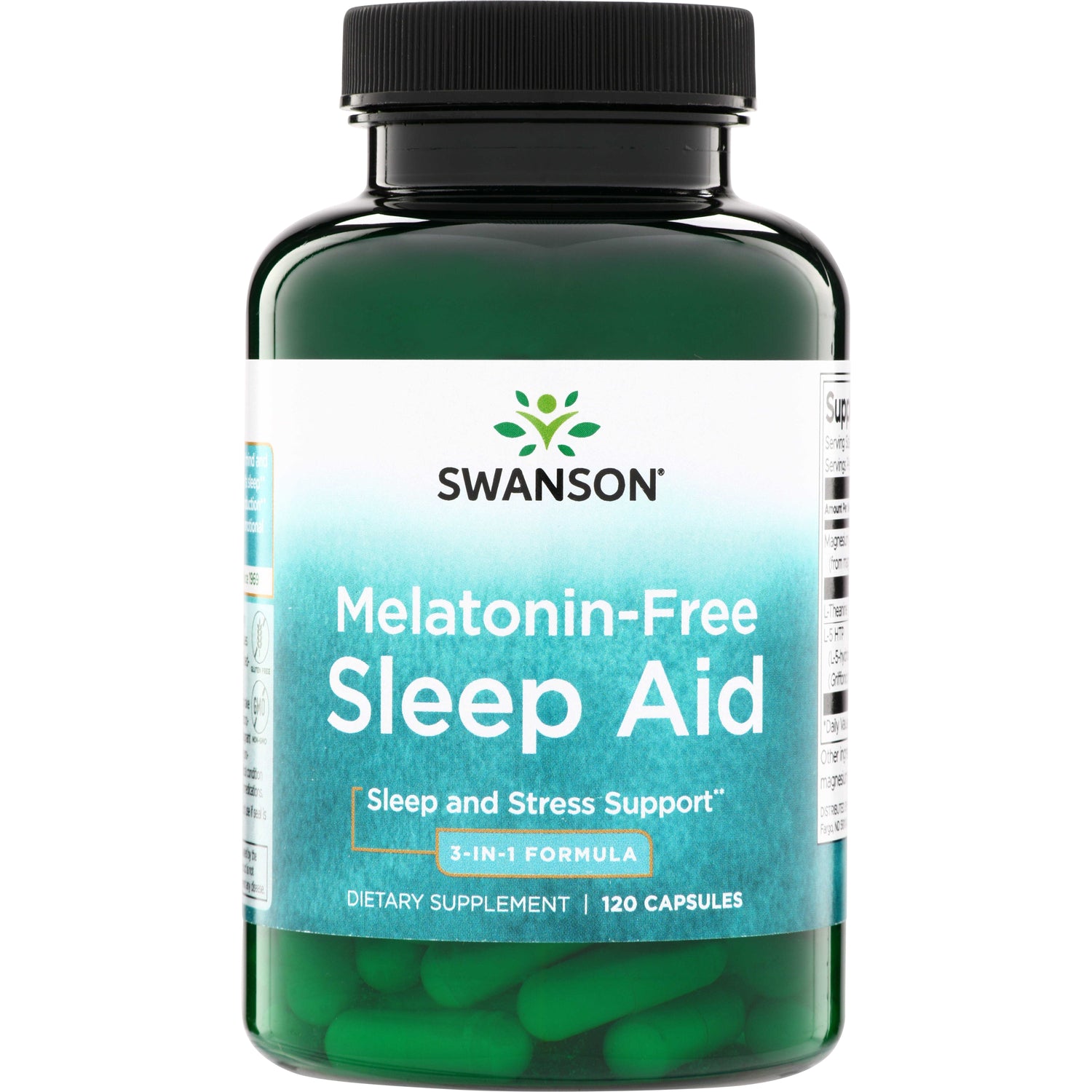 SW1910 | Swanson Melatonin-Free Sleep Aid, 120 capsules bottle front with Sleep and Stress Support 3-in-1 Formula